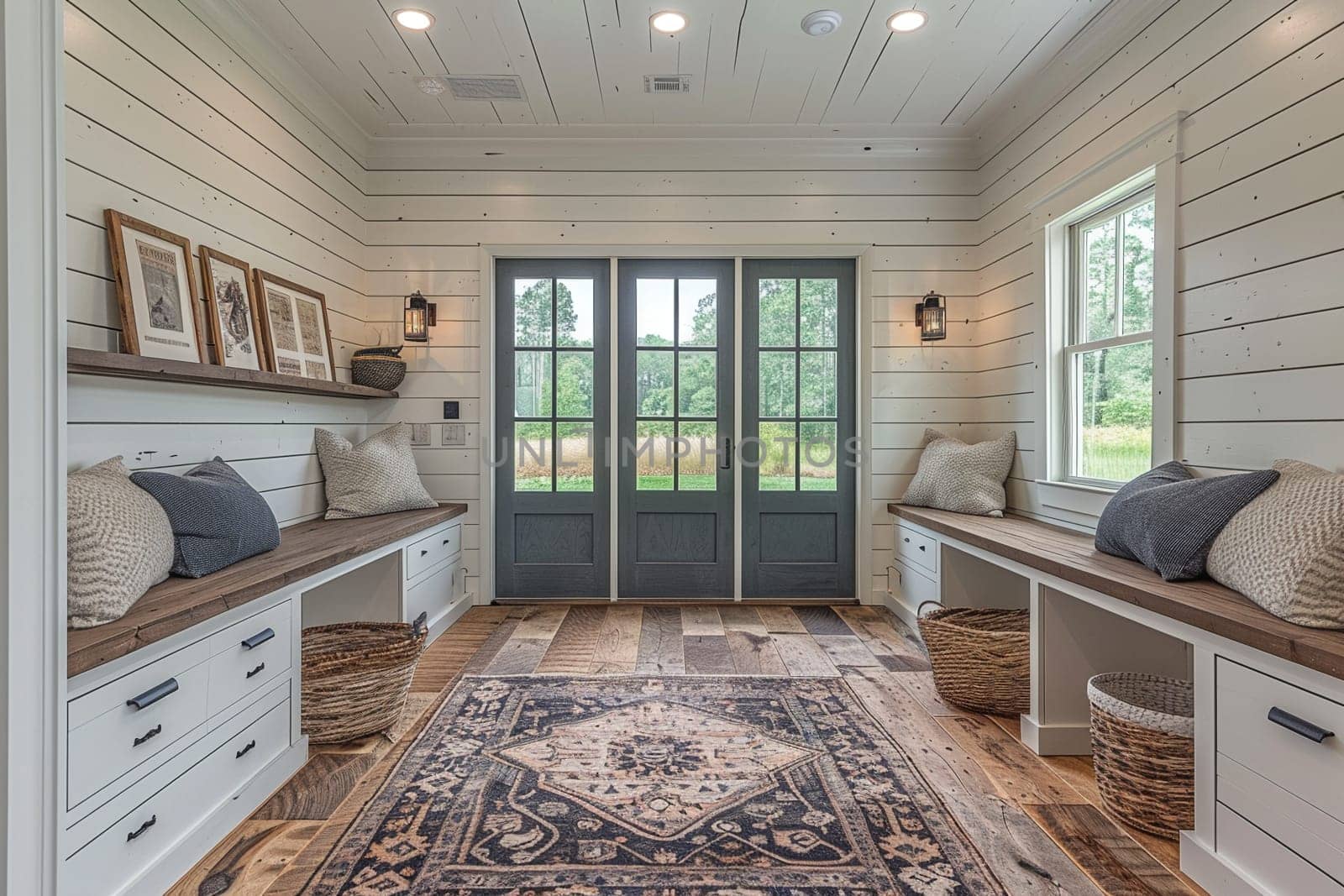 Modern farmhouse mudroom with storage benches and shiplap walls by Benzoix