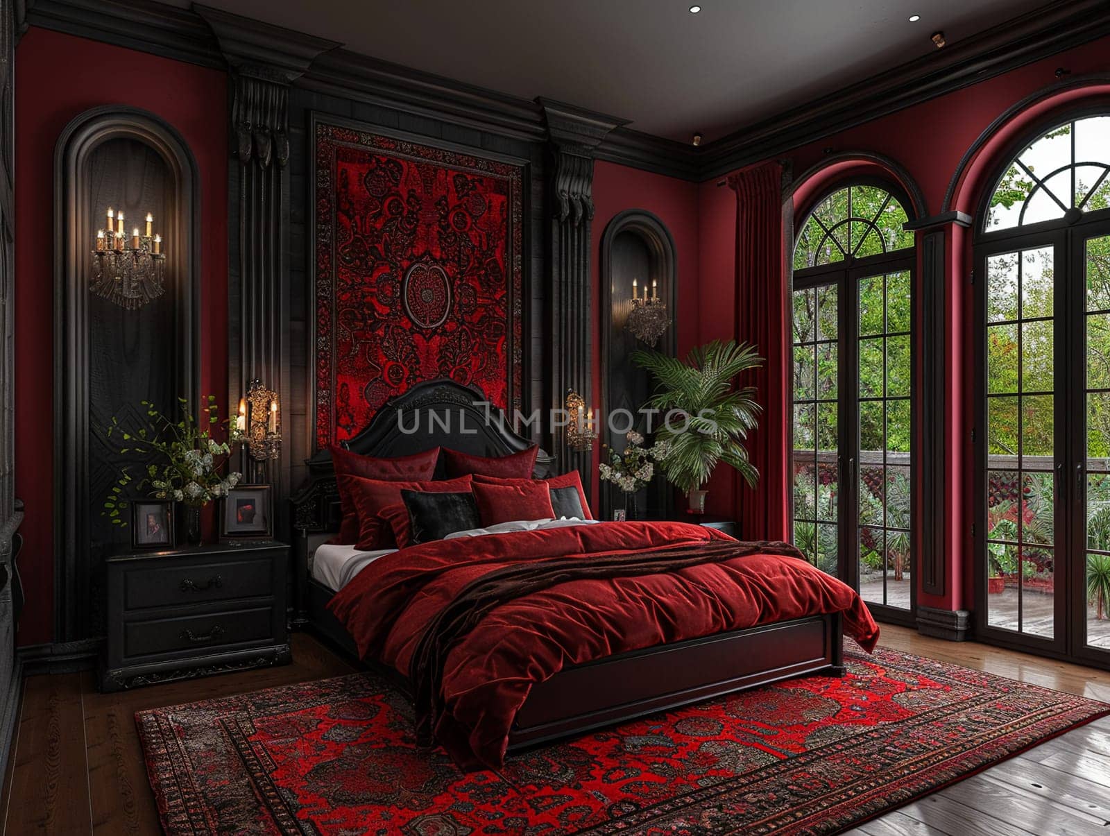 Modern Gothic bedroom with dark colors and dramatic decor by Benzoix