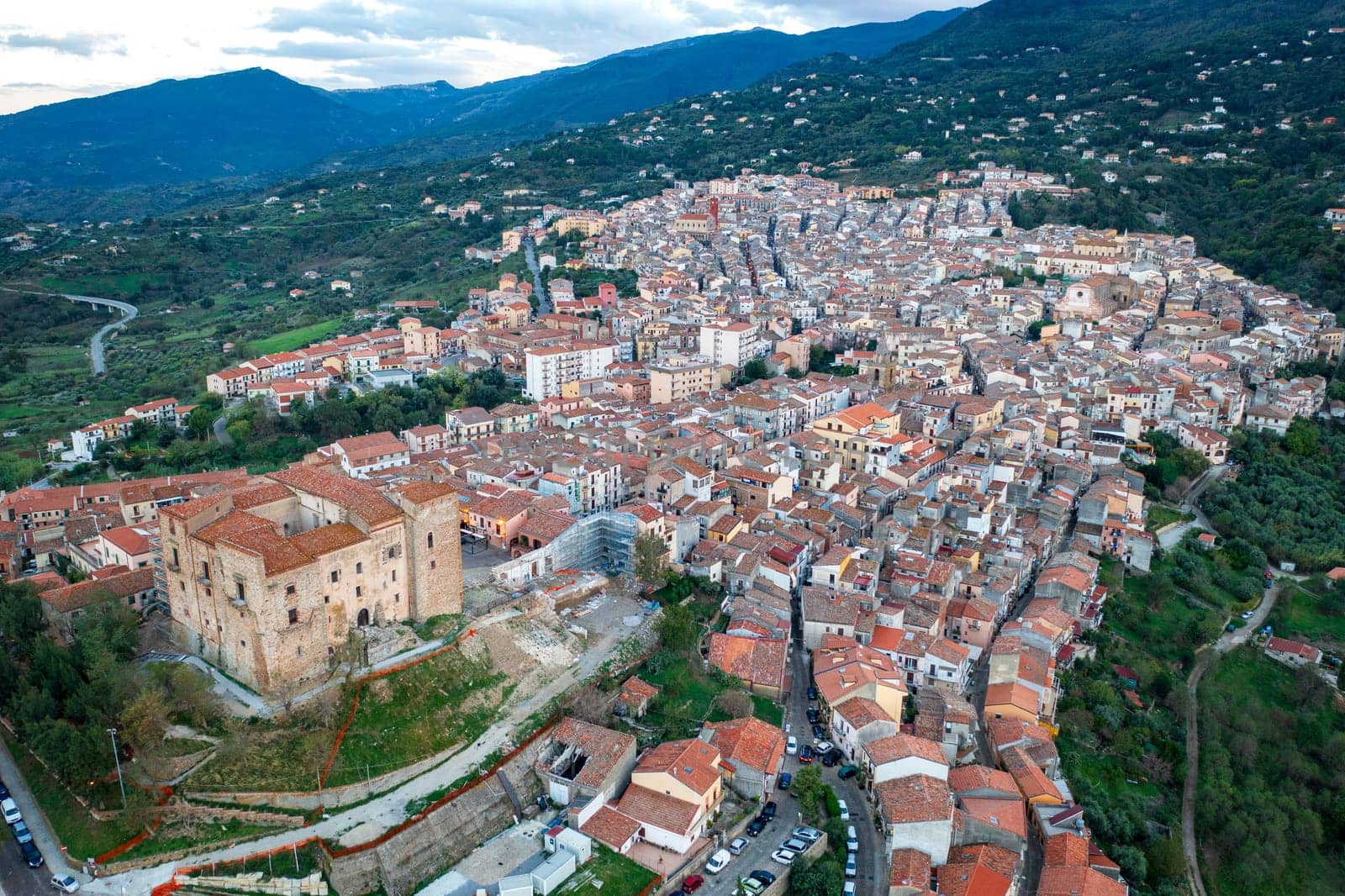 Aerial view of town and castle, Castelbuono, Sicily, Italy by EdVal