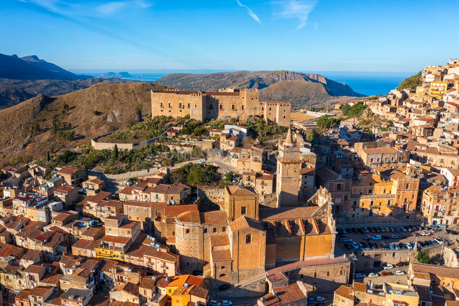 Caccamo, Sicily, Italy. View of popular hilltop medieval town with impressive Norman castle and big cathedral