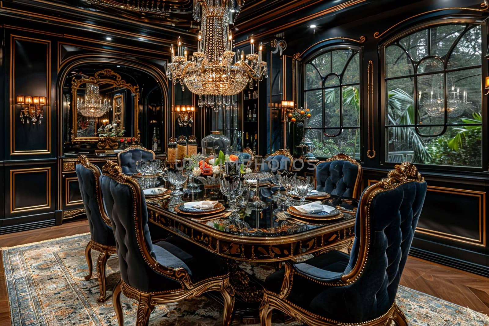 Opulent dining room with a crystal chandelier and elegant table setting by Benzoix