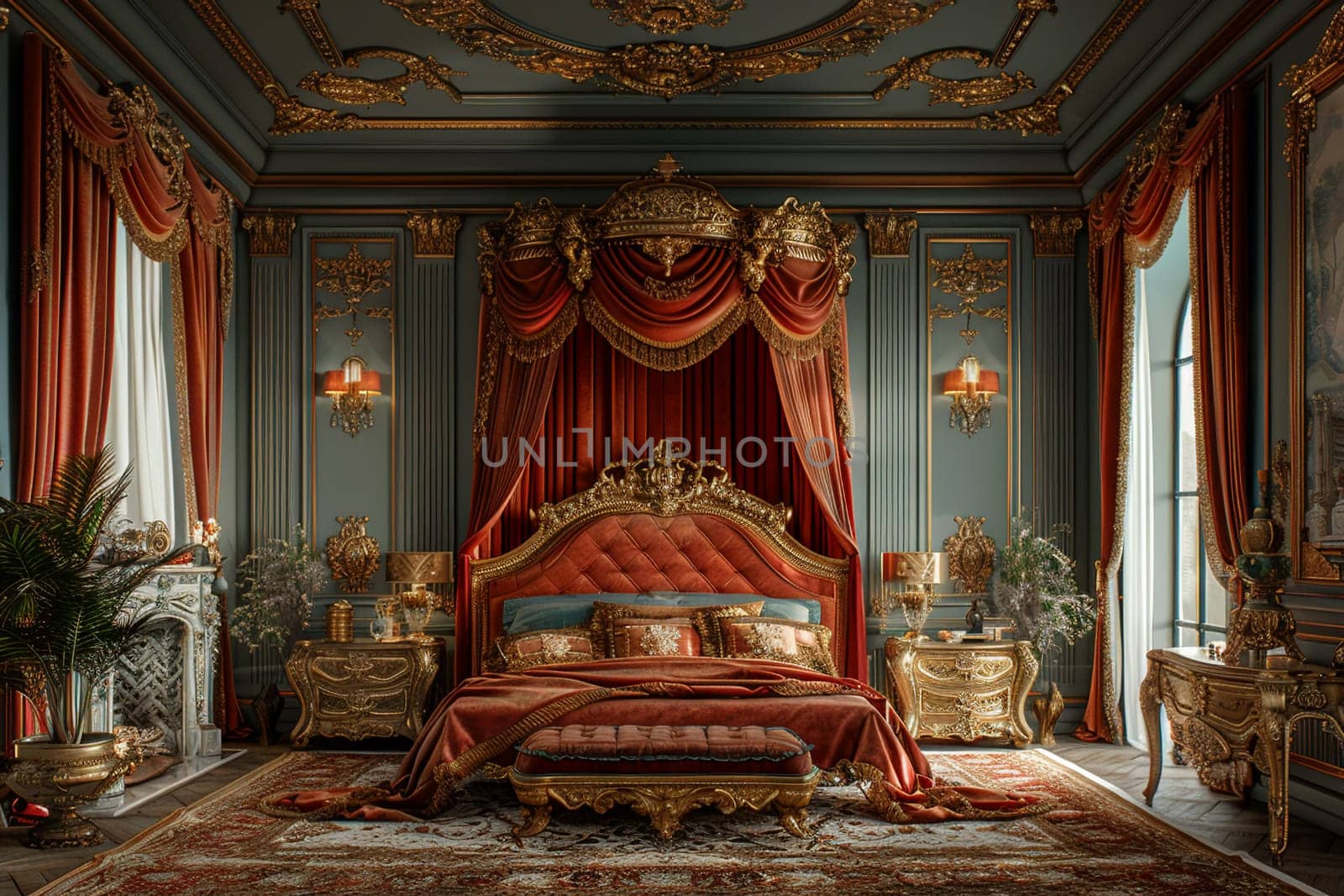 Opulent bedroom with a velvet canopy bed and gold decorative elements by Benzoix