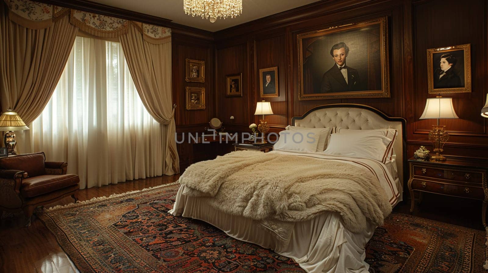 Old Hollywood glamour bedroom with satin drapes and vintage portraits by Benzoix