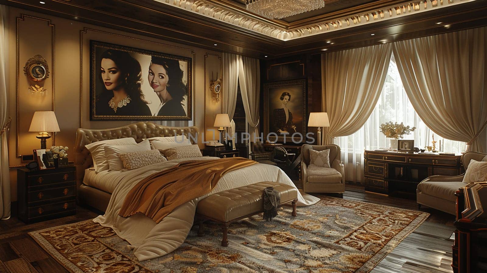 Old Hollywood glamour bedroom with satin drapes and vintage portraits