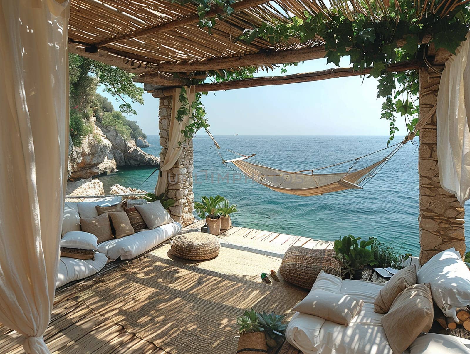 Peaceful seaside retreat with breezy curtains and a hammock by Benzoix