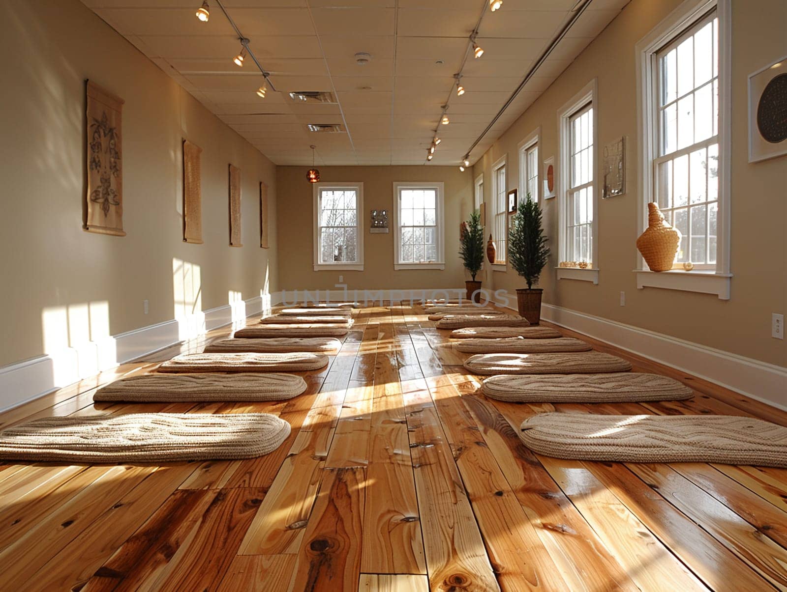Peaceful yoga studio with natural wood floors and calming colors
