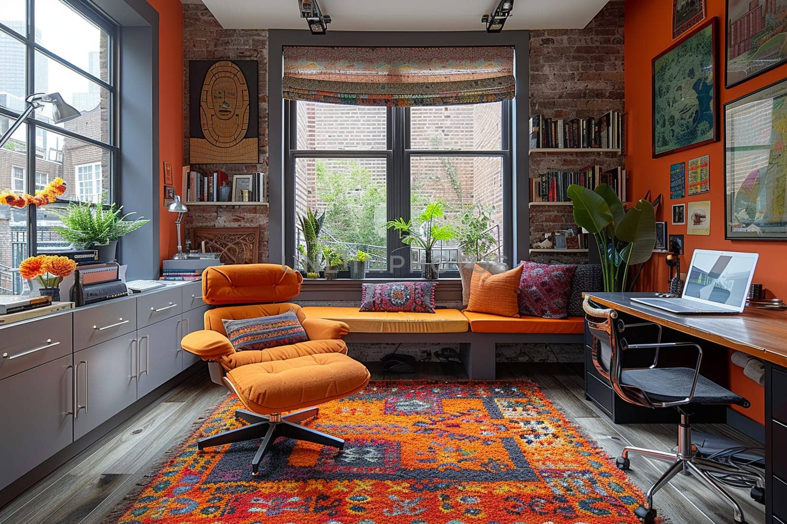 Quirky home office with colorful artwork and unconventional furniture by Benzoix