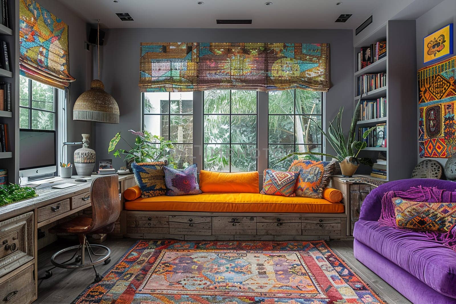 Quirky home office with colorful artwork and unconventional furniture