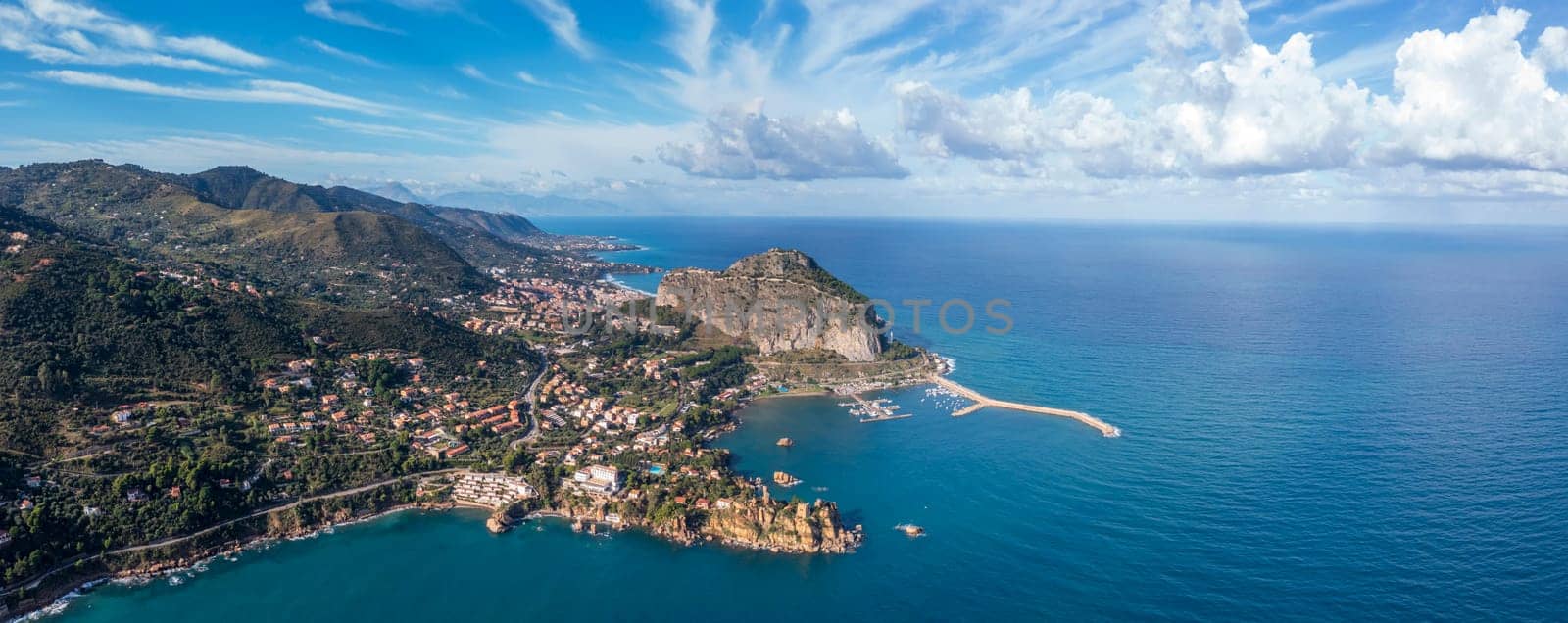 Aerial view of a coastline near Cefalu medieval village of Sicily island, Italy