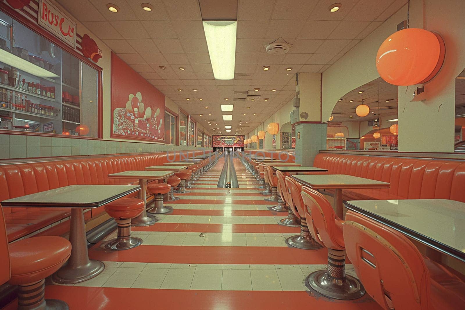 Retro bowling alley with vintage lanes and a classic snack bar