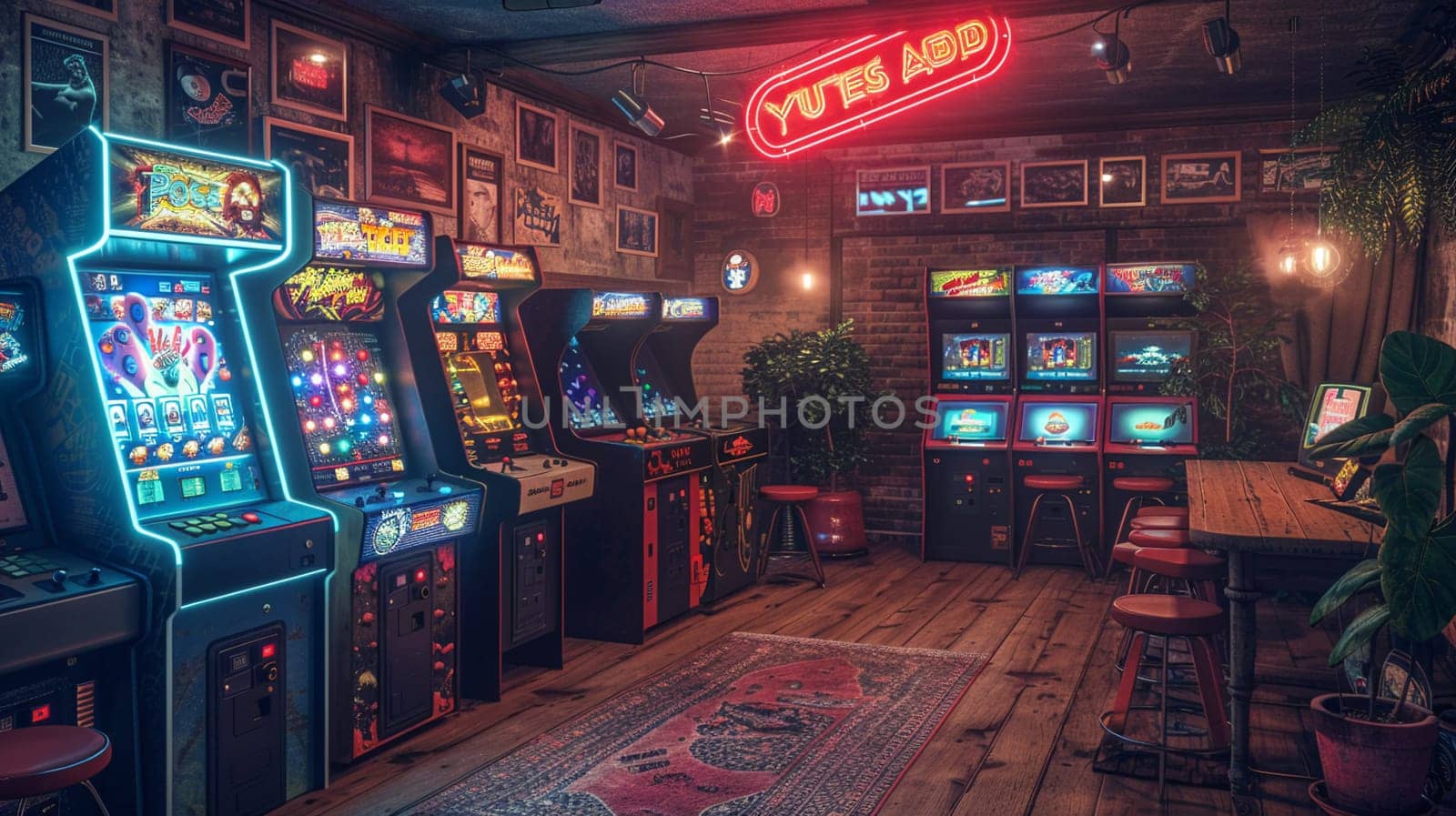 Retro game room with vintage arcade machines and a neon sign by Benzoix