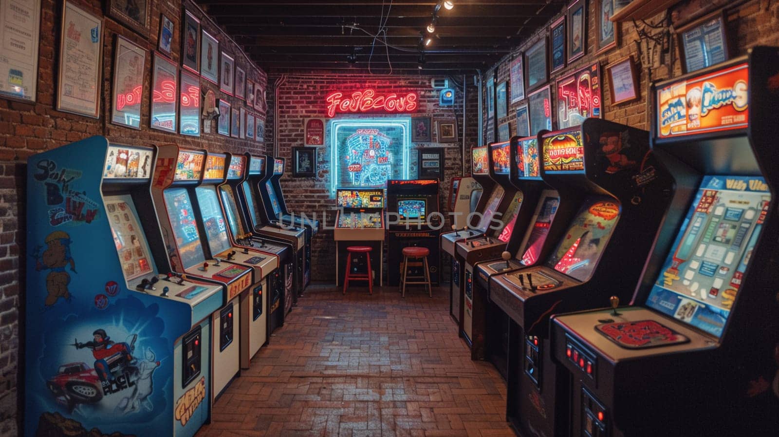 Retro game room with vintage arcade machines and a neon sign