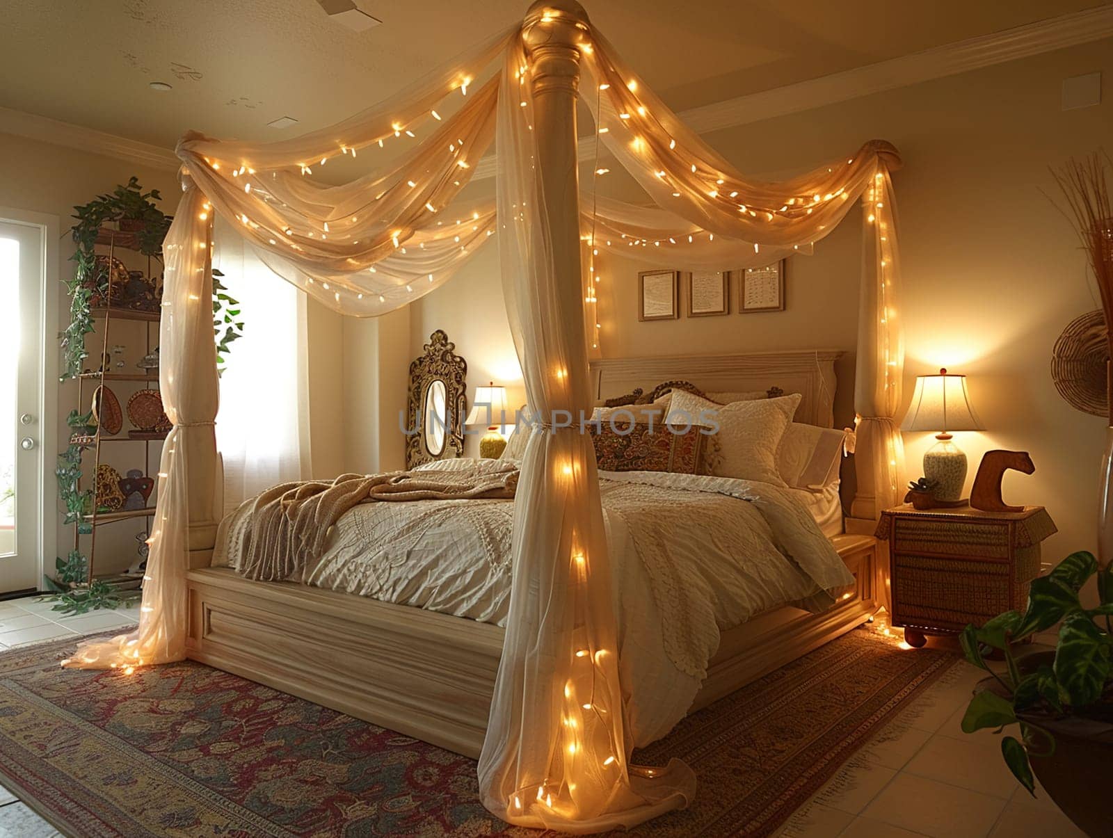 Romantic bedroom with soft lighting sheer curtains by Benzoix