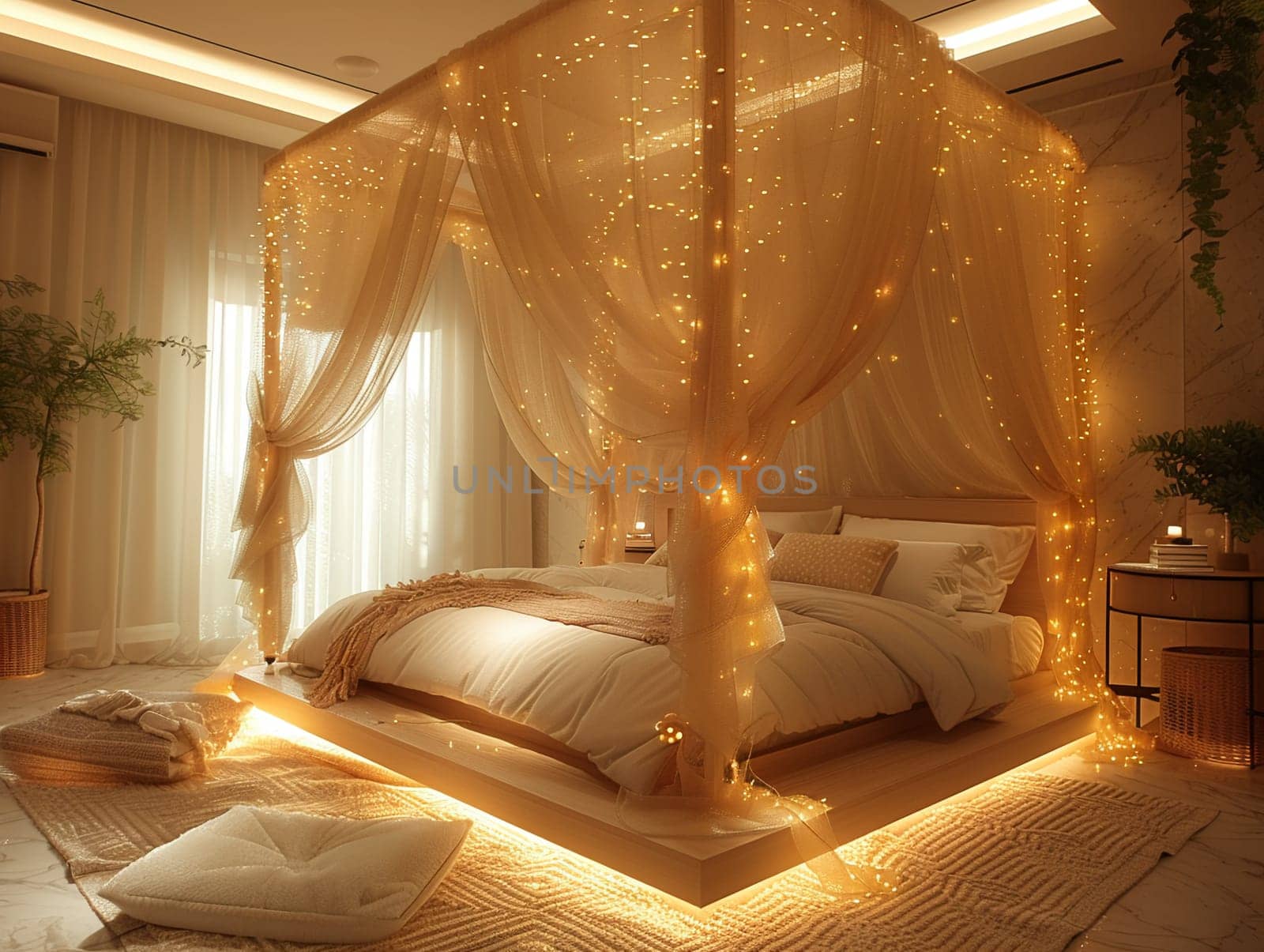 Romantic bedroom with soft lighting, sheer curtains, and a four-poster bed