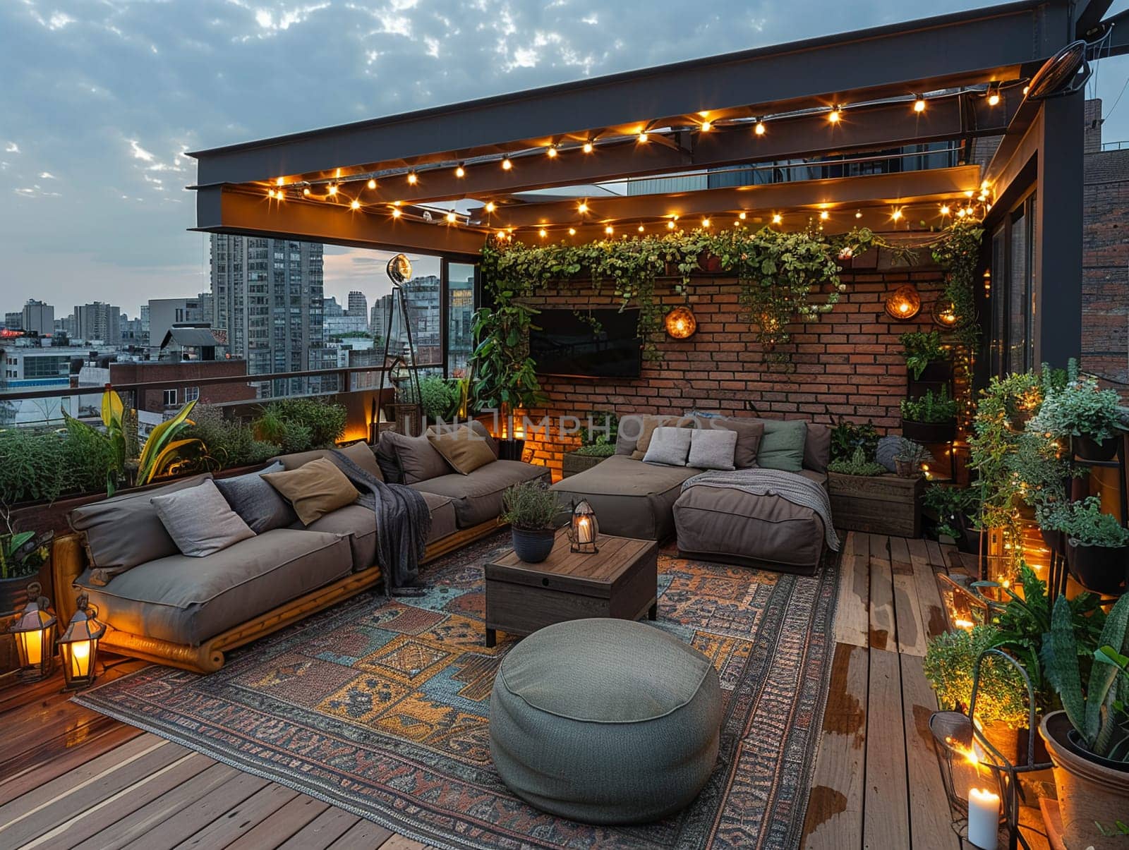 Rooftop urban garden with cozy seating and string lights by Benzoix