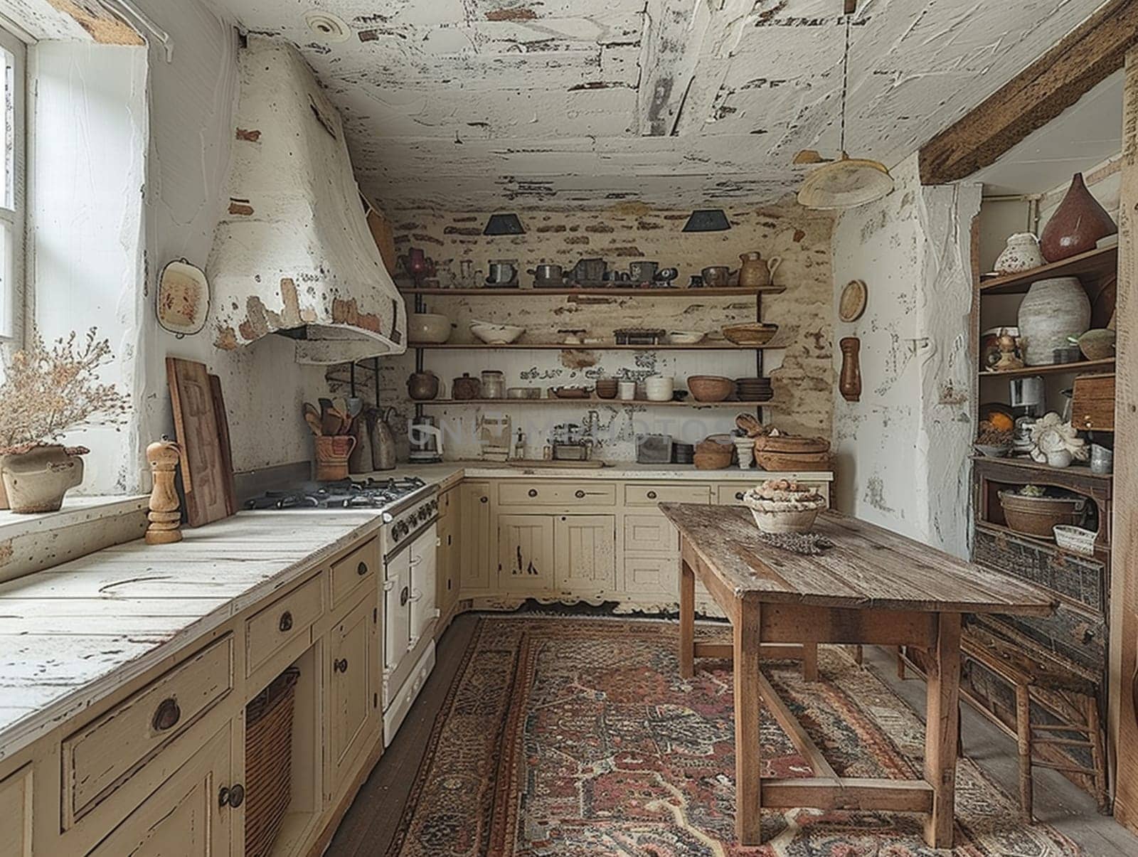 Rustic farmhouse kitchen with a large wooden table and antique fixtures by Benzoix