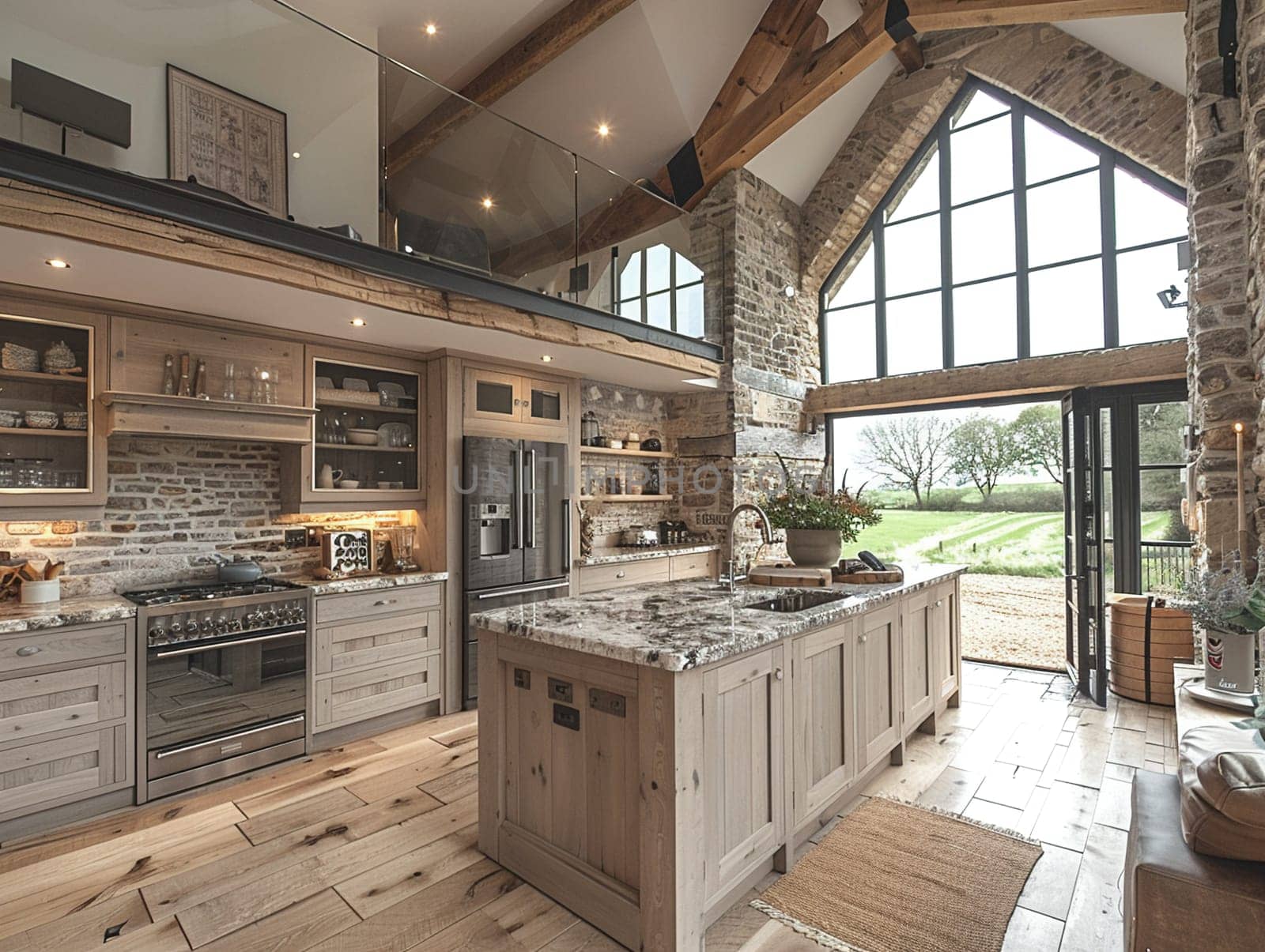 Rustic barn conversion with exposed beams and modern touches