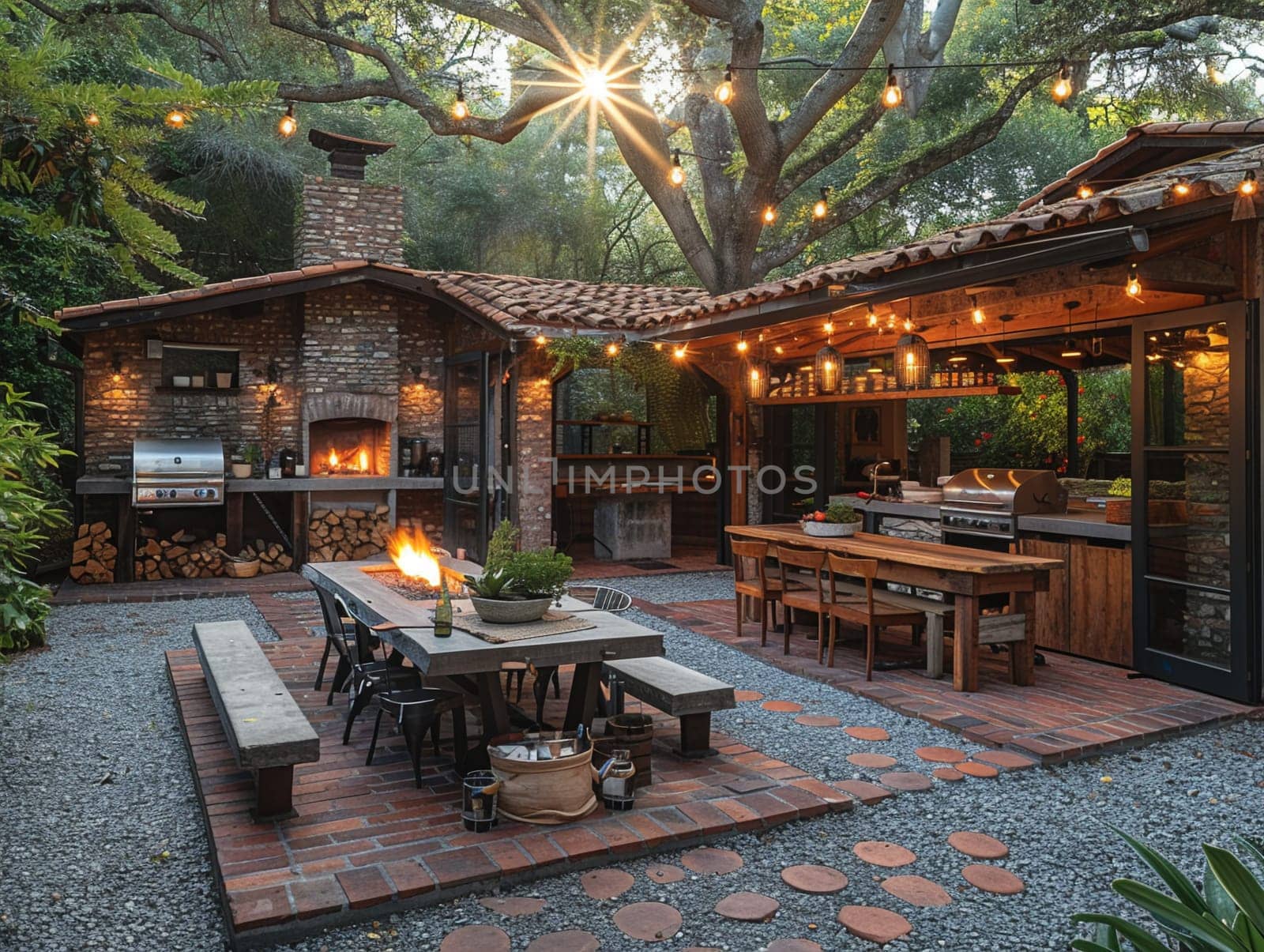 Rustic outdoor kitchen and dining area with a fire pit and string lights by Benzoix