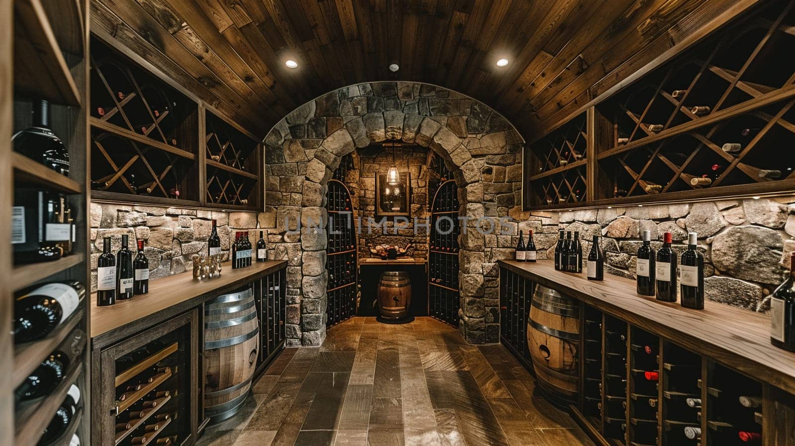 Rustic wine cellar with stone walls and wooden wine racks