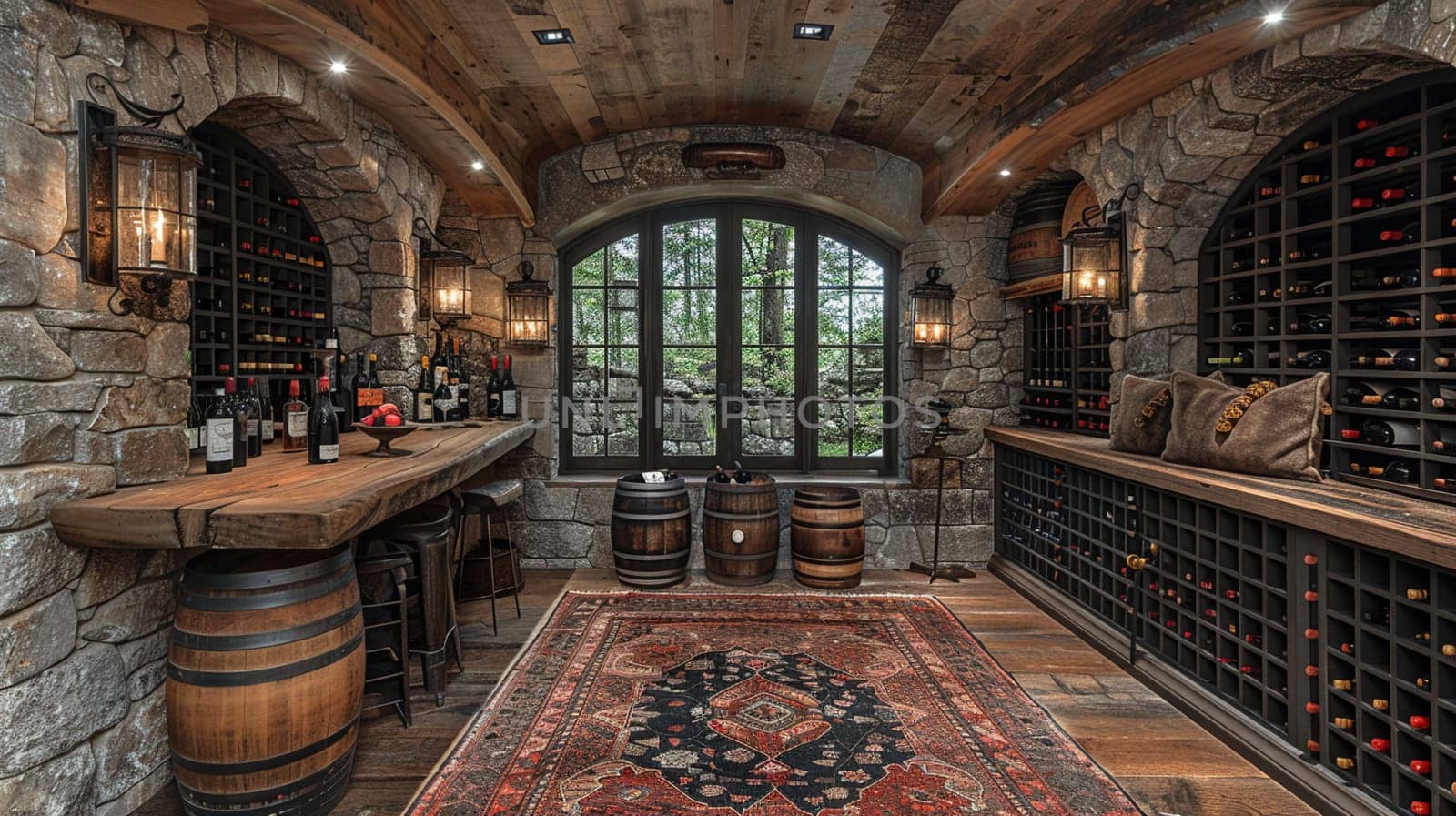 Rustic wine cellar with stone walls and wooden wine racks