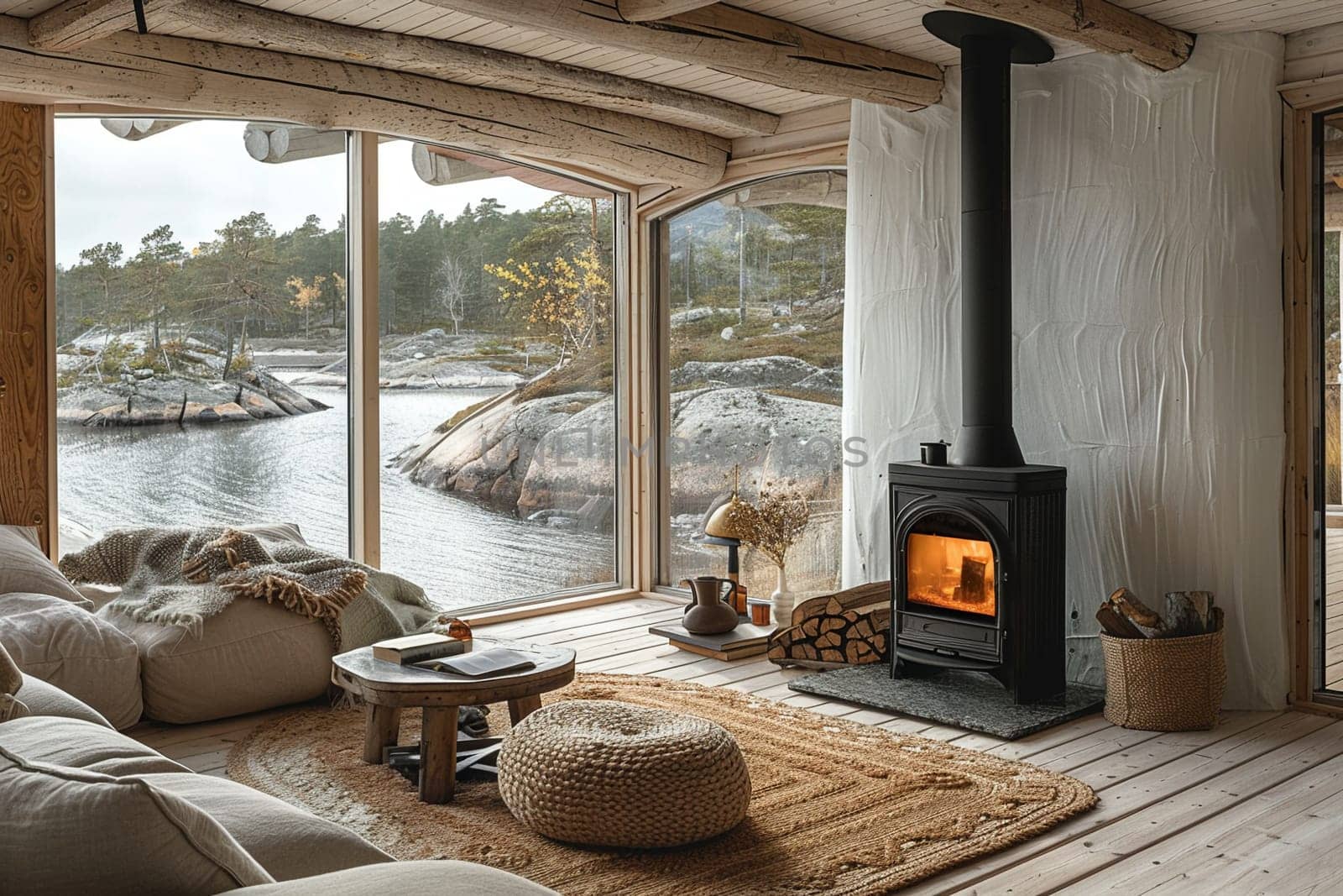 Scandinavian cabin with a wood stove and minimalist furnishings by Benzoix
