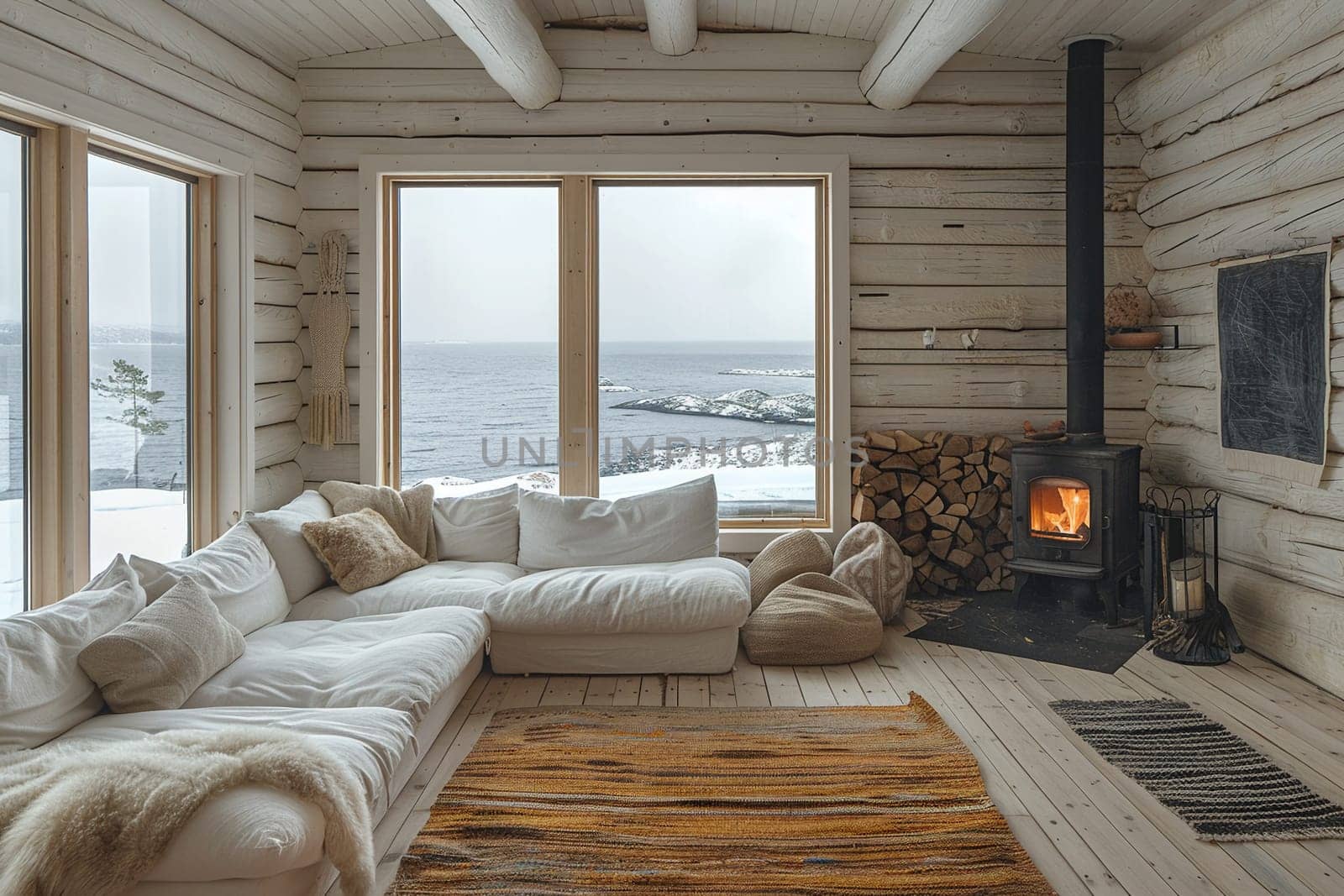 Scandinavian cabin with a wood stove and minimalist furnishings