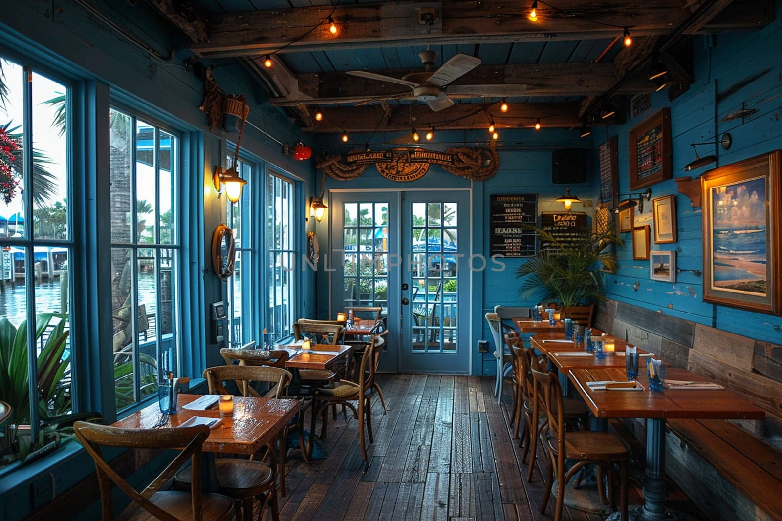 Seaside seafood restaurant with dockside views and nautical decor