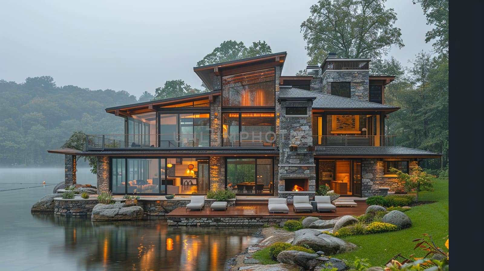 Serene lake house with panoramic views and open living spaces by Benzoix