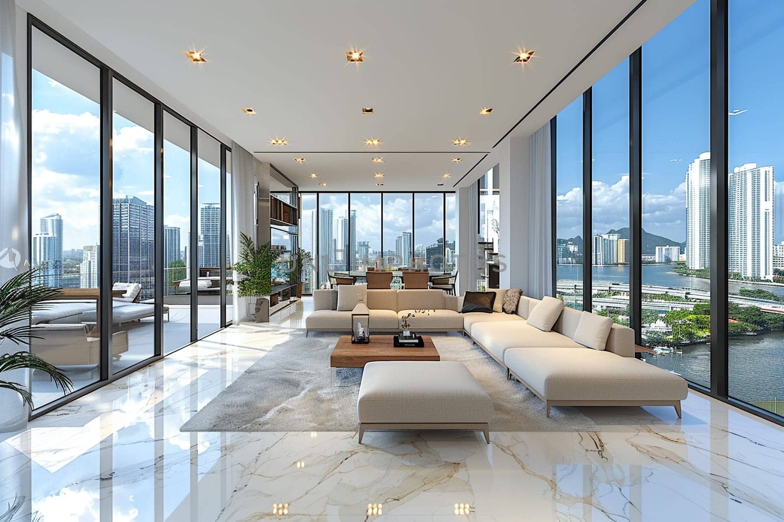 Sleek and spacious open-plan living area with floor-to-ceiling windows by Benzoix