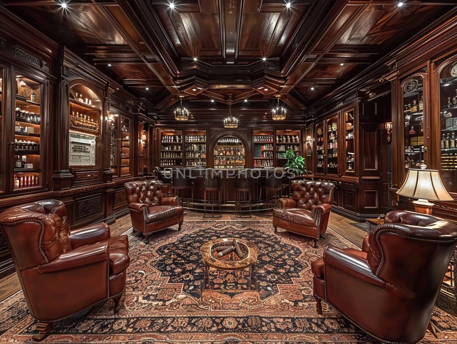 Sophisticated cigar lounge with rich leather chairs and wood accents