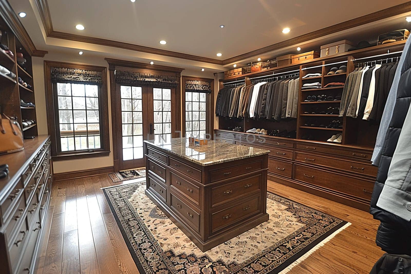 Spacious walk-in closet with custom shelving and an island dresser