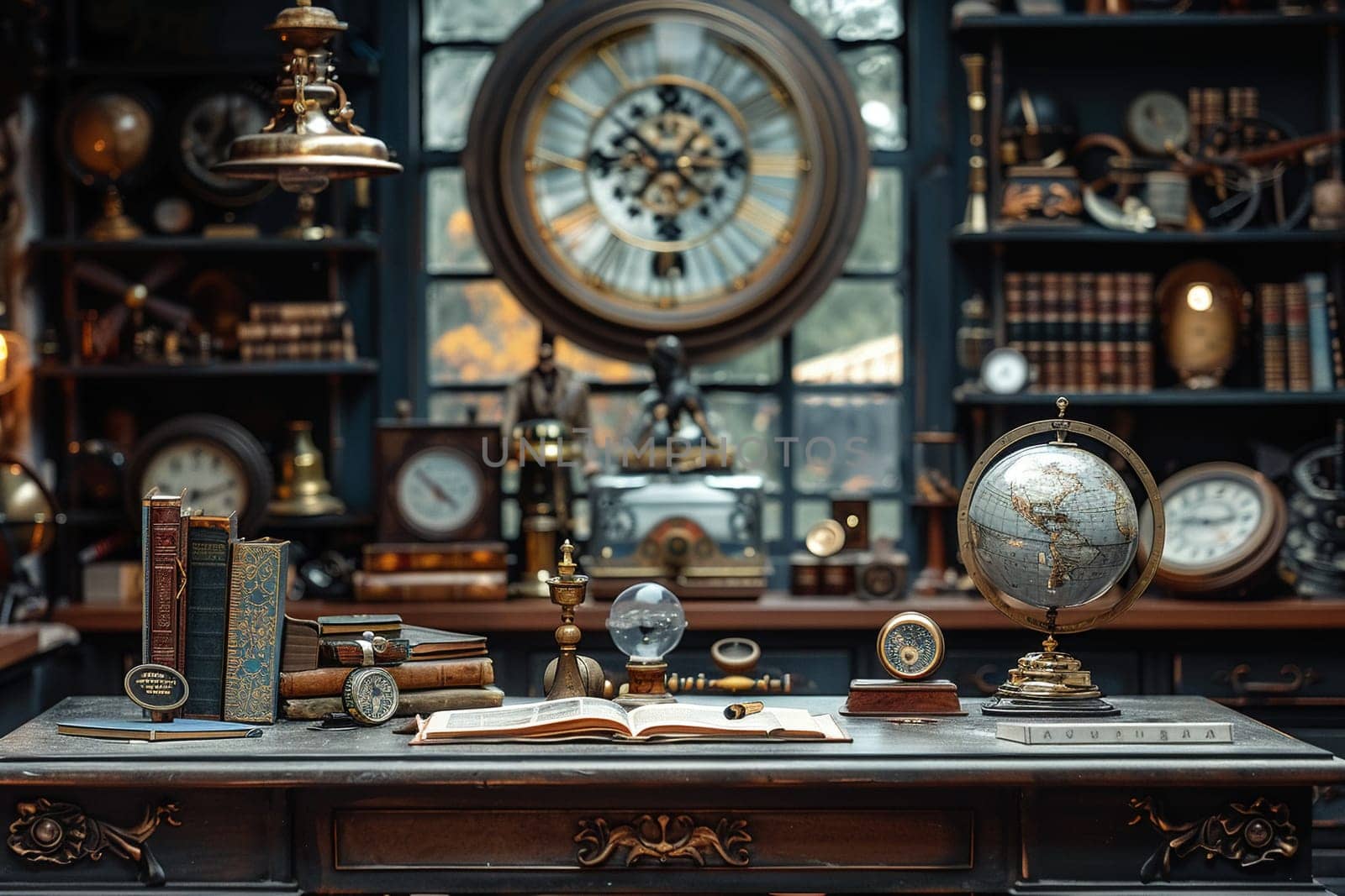 Steampunk study with vintage gadgets and brass details