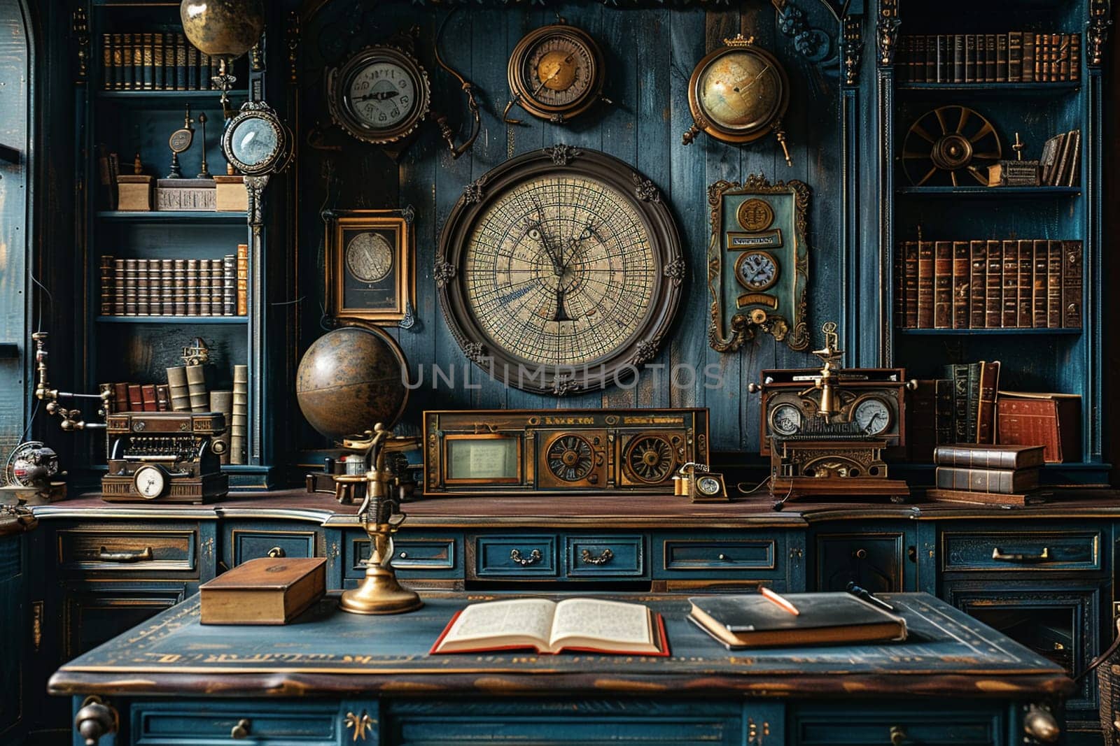 Steampunk study with vintage gadgets and brass details by Benzoix