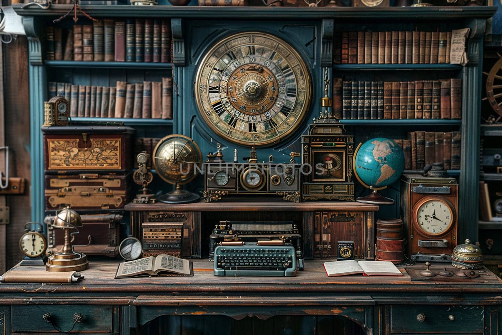 Steampunk study with vintage gadgets and brass details by Benzoix