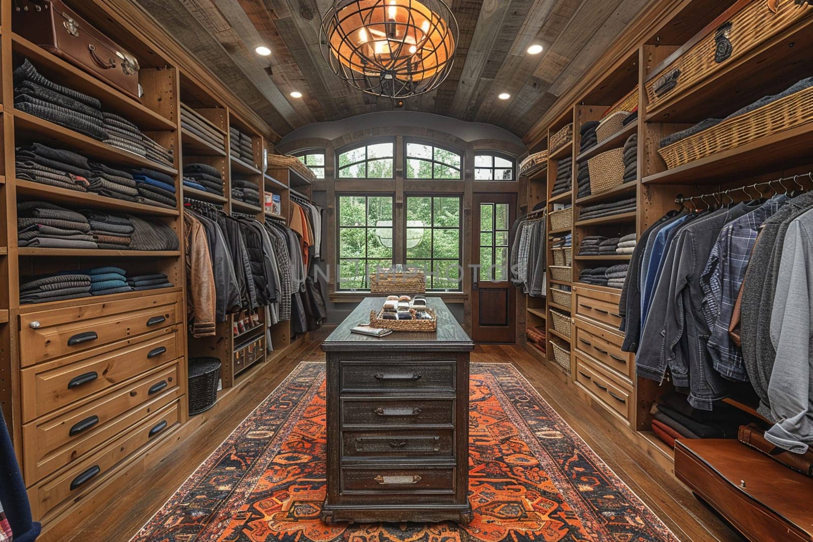 Spacious walk-in closet with custom shelving and an island dresser by Benzoix
