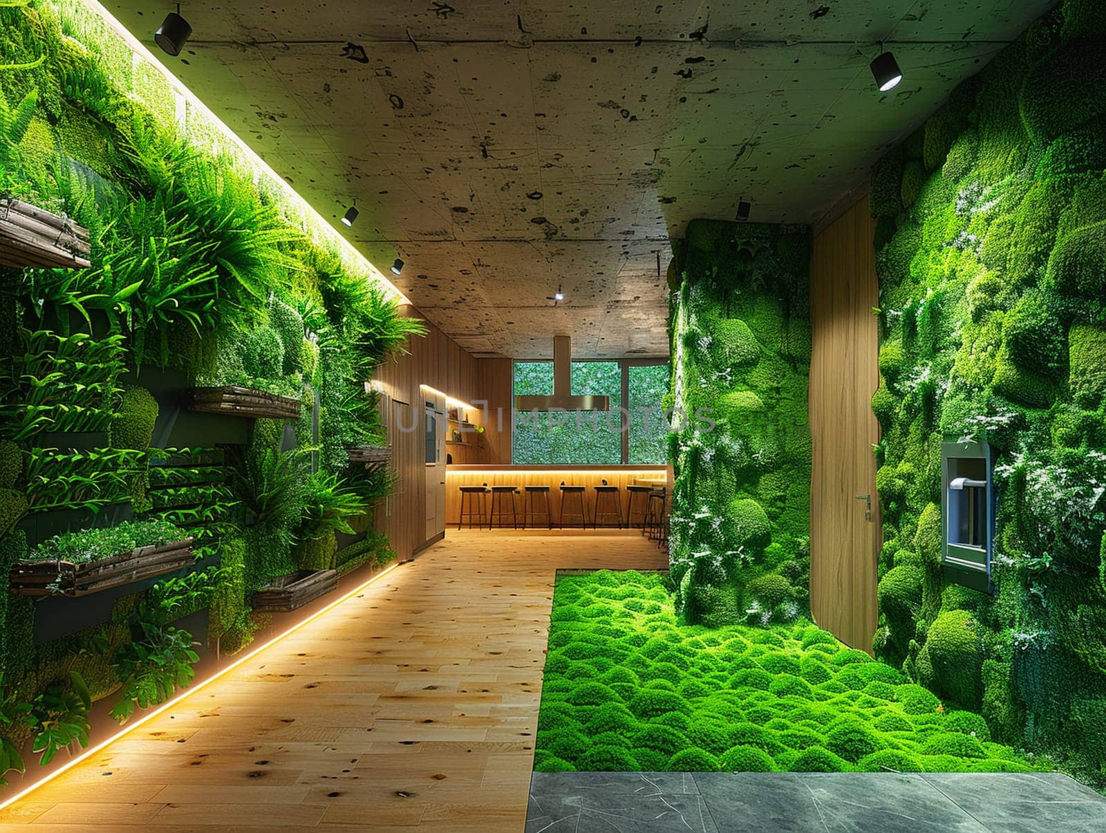Sustainable home interior with recycled materials and green walls