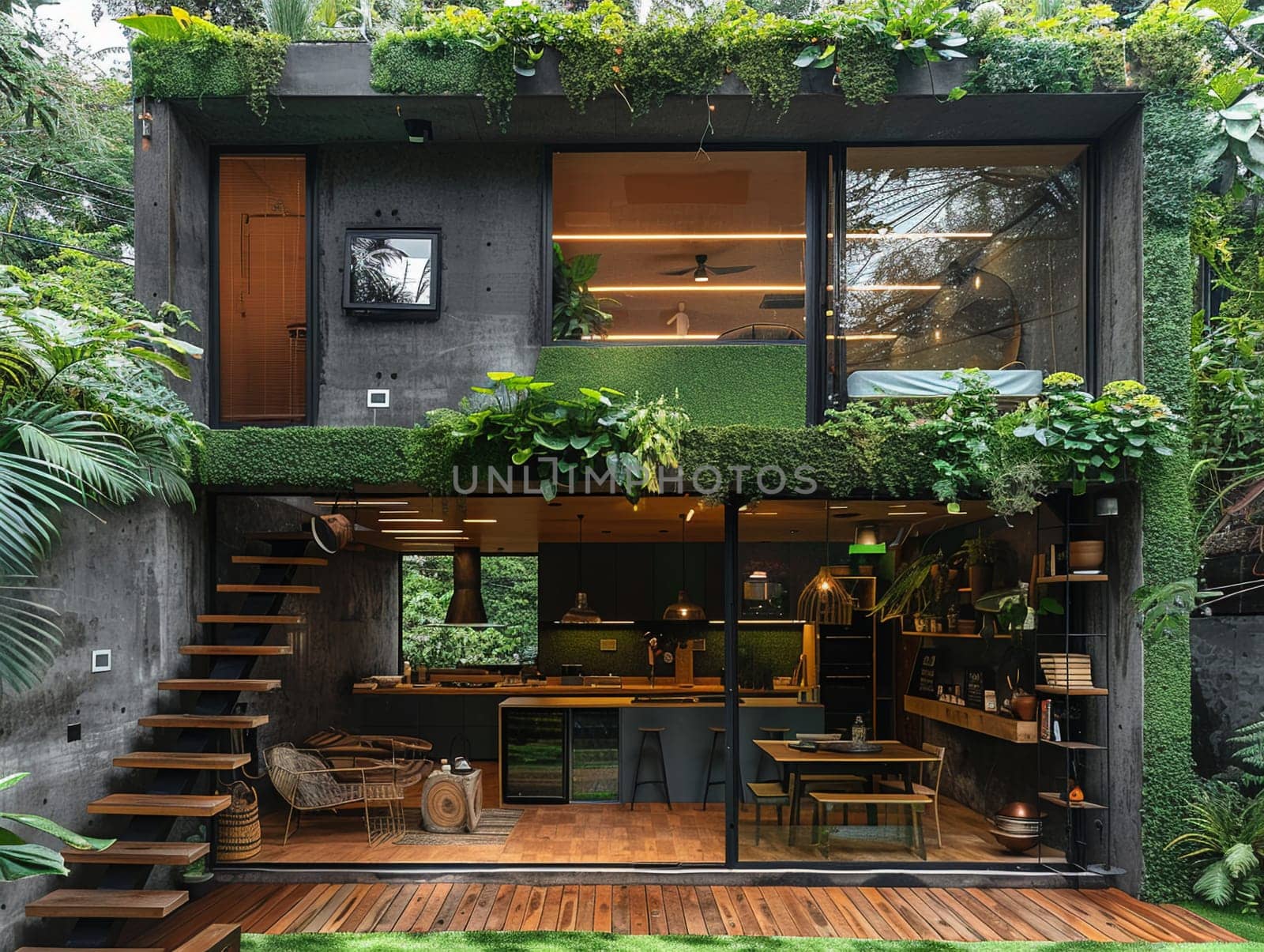 Sustainable home interior with recycled materials and green walls by Benzoix