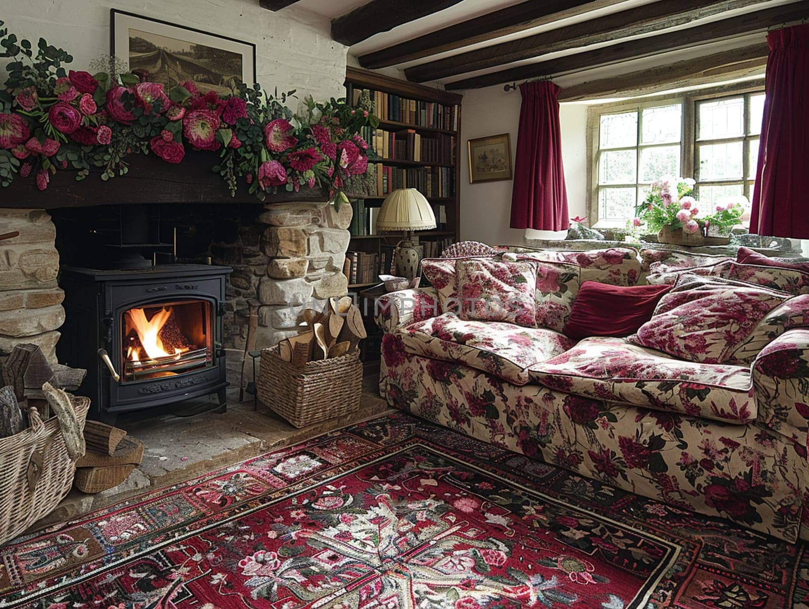 Traditional English cottage living room with floral patterns and cozy fireplace by Benzoix