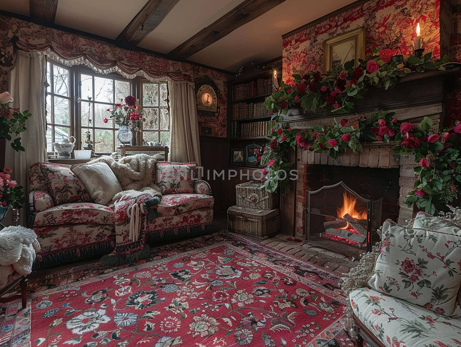 Traditional English cottage living room with floral patterns and cozy fireplace