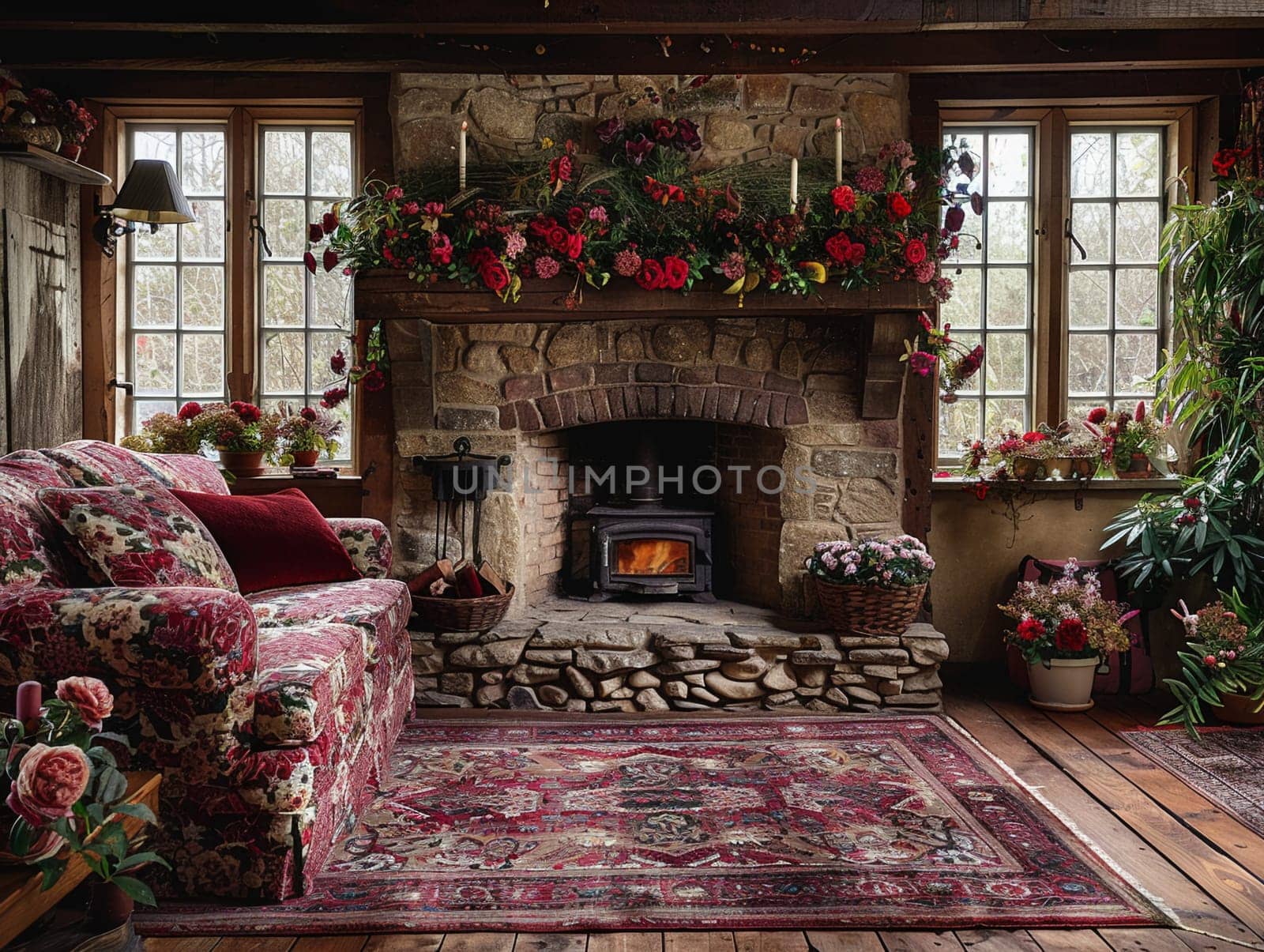 Traditional English cottage living room with floral patterns and cozy fireplace by Benzoix