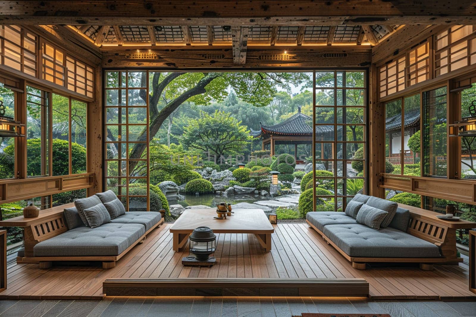 Traditional tea house with wooden architecture and peaceful garden views