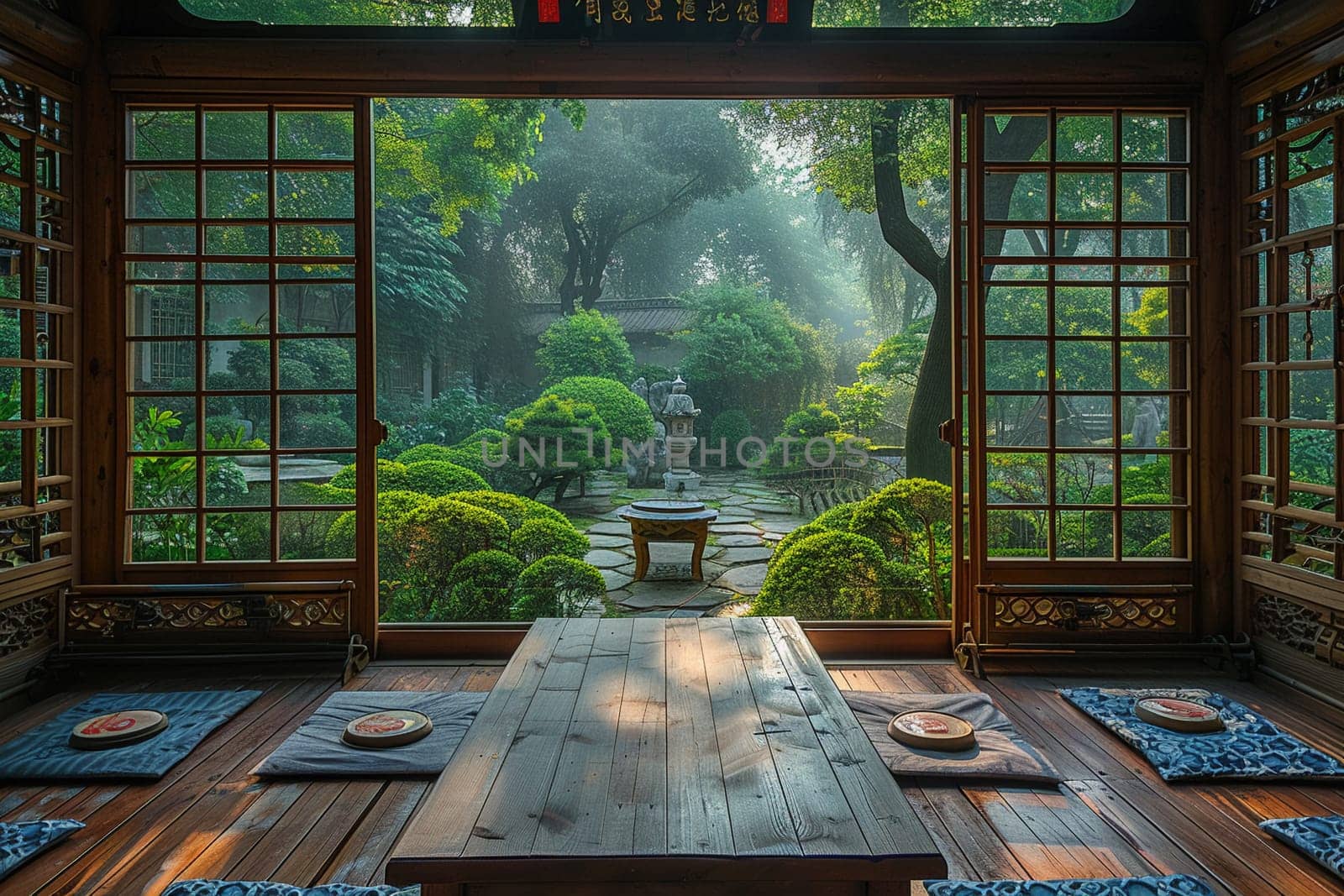 Traditional tea house with wooden architecture and peaceful garden views by Benzoix
