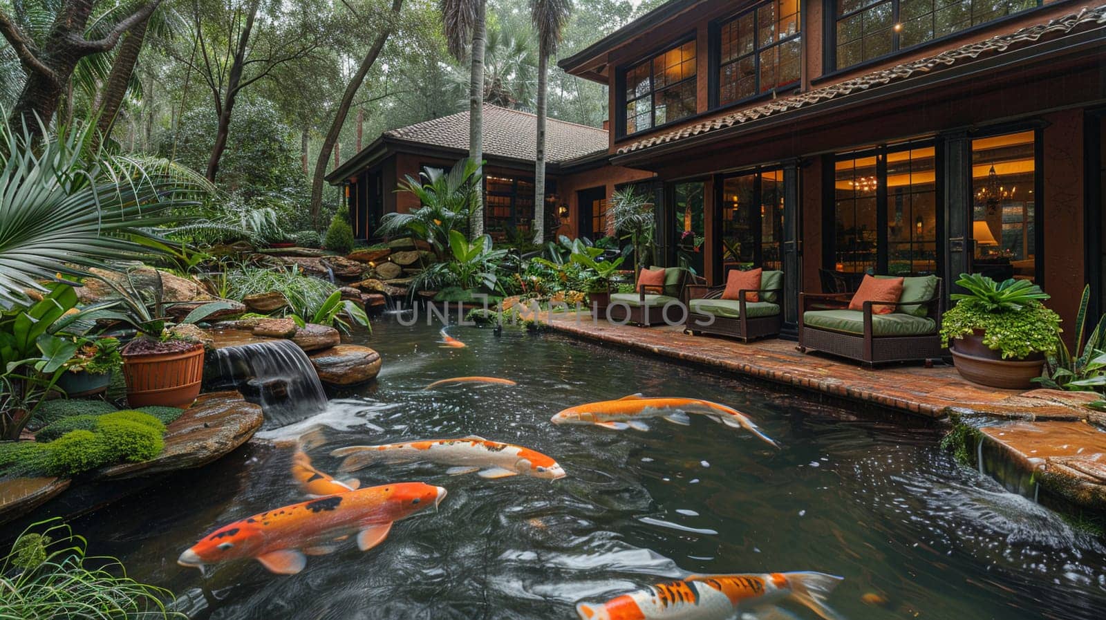 Tranquil koi pond with a surrounding sitting area and lush landscaping