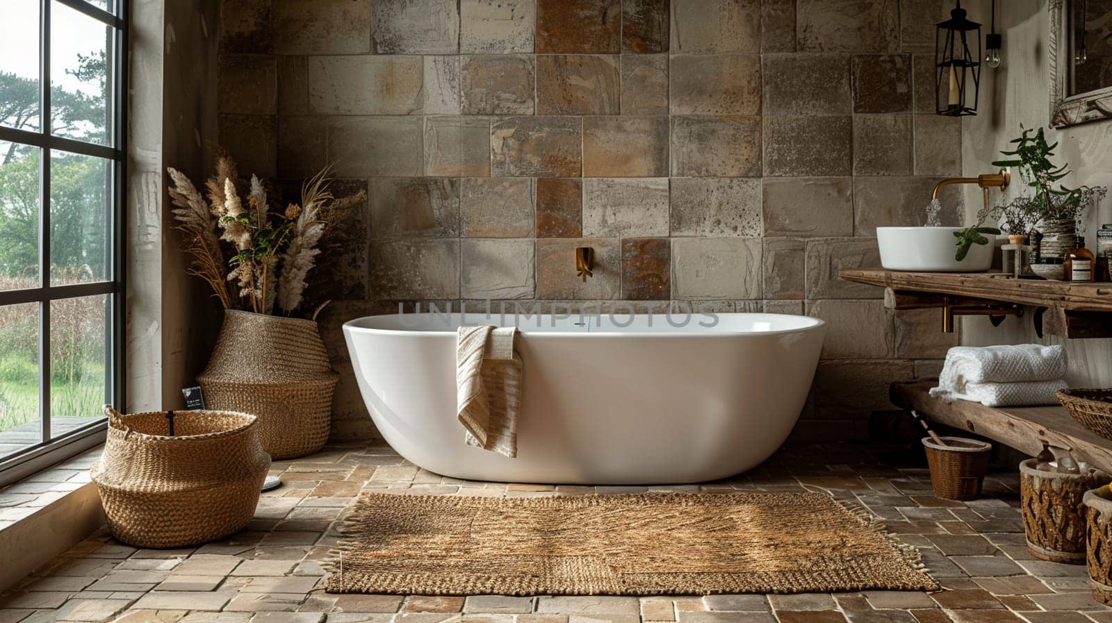 Tranquil spa-like bathroom with a freestanding tub and natural stone tiles by Benzoix