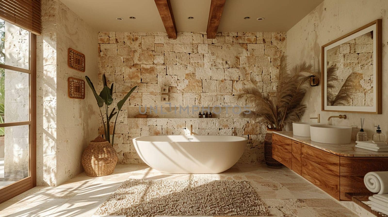 Tranquil spa-like bathroom with a freestanding tub and natural stone tiles by Benzoix