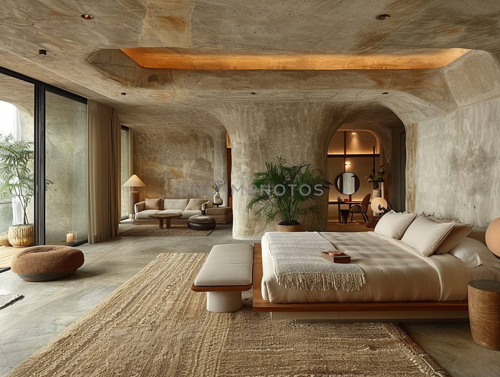 Understated luxury hotel suite with subtle textures and neutral tones by Benzoix