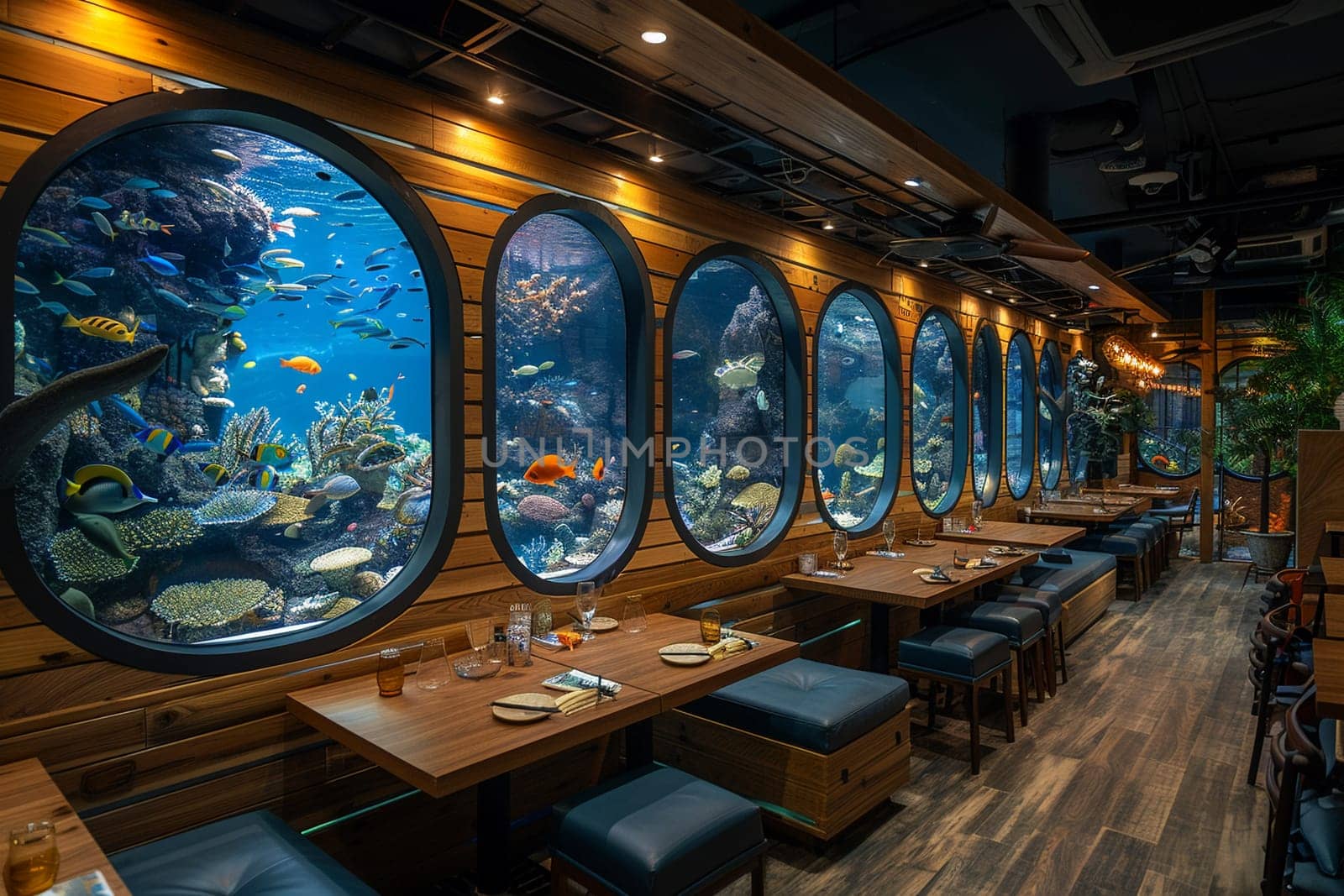 Underwater-themed restaurant with aquarium walls and marine decor