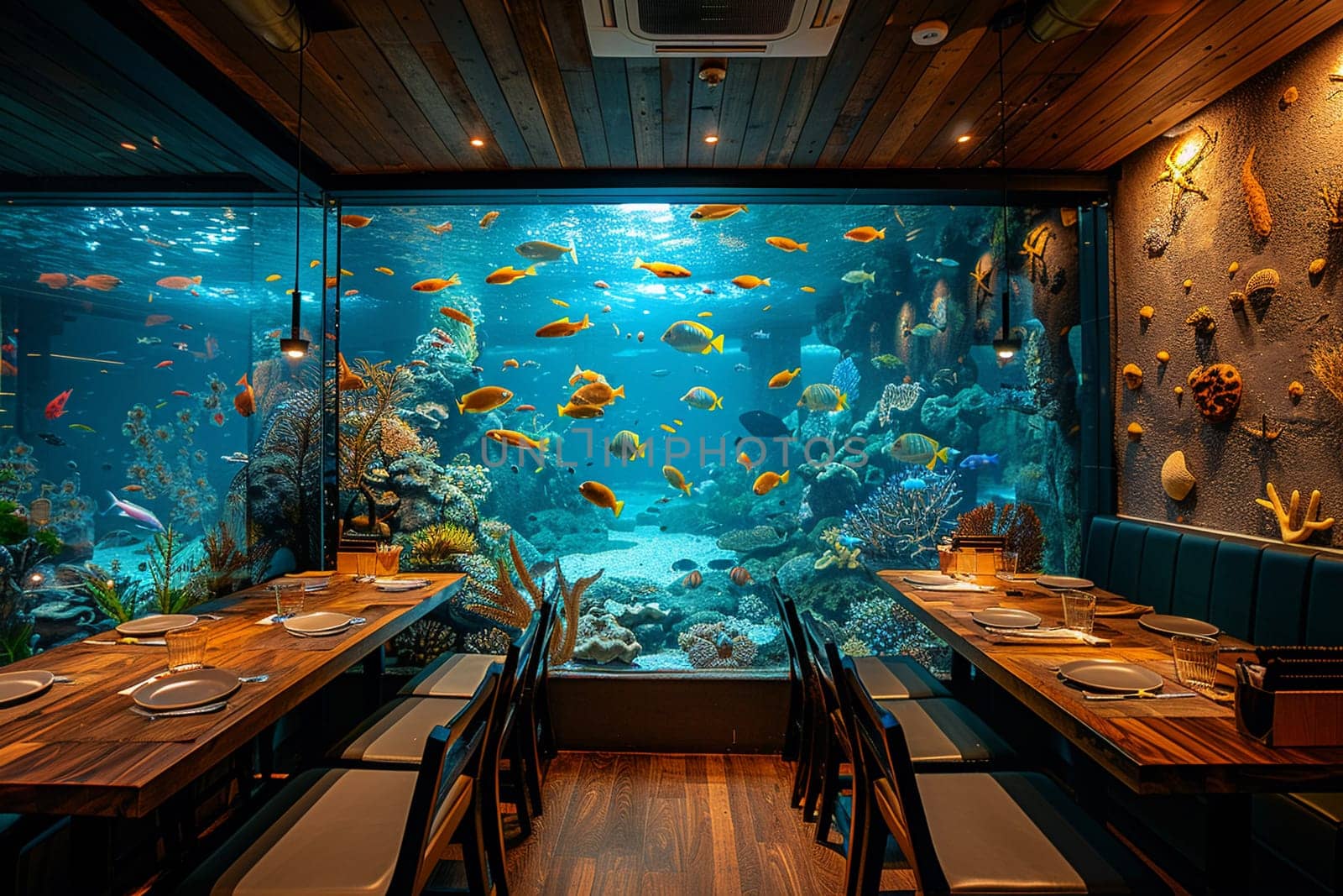 Underwater-themed restaurant with aquarium walls and marine decor by Benzoix
