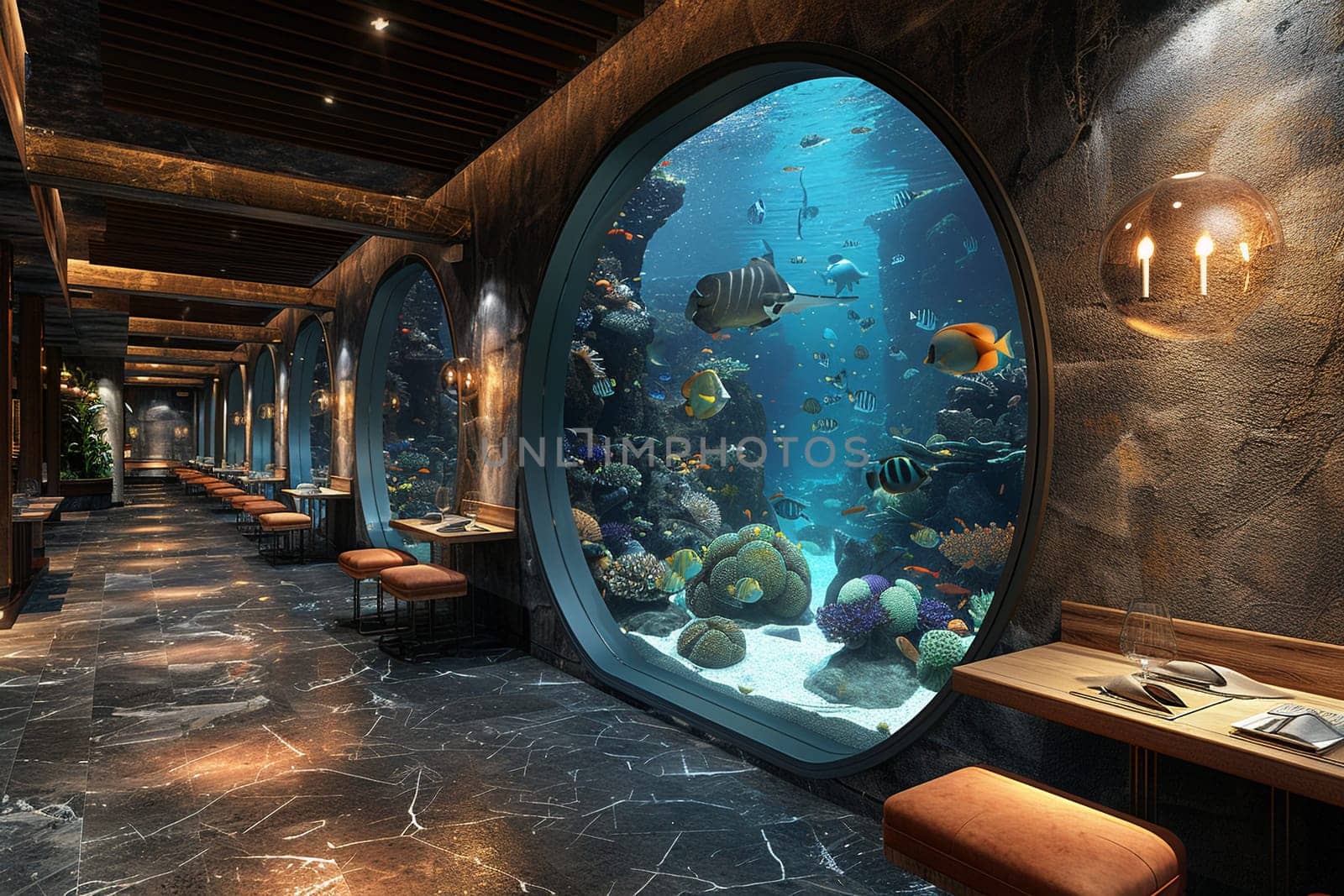 Underwater-themed restaurant with aquarium walls and marine decor by Benzoix