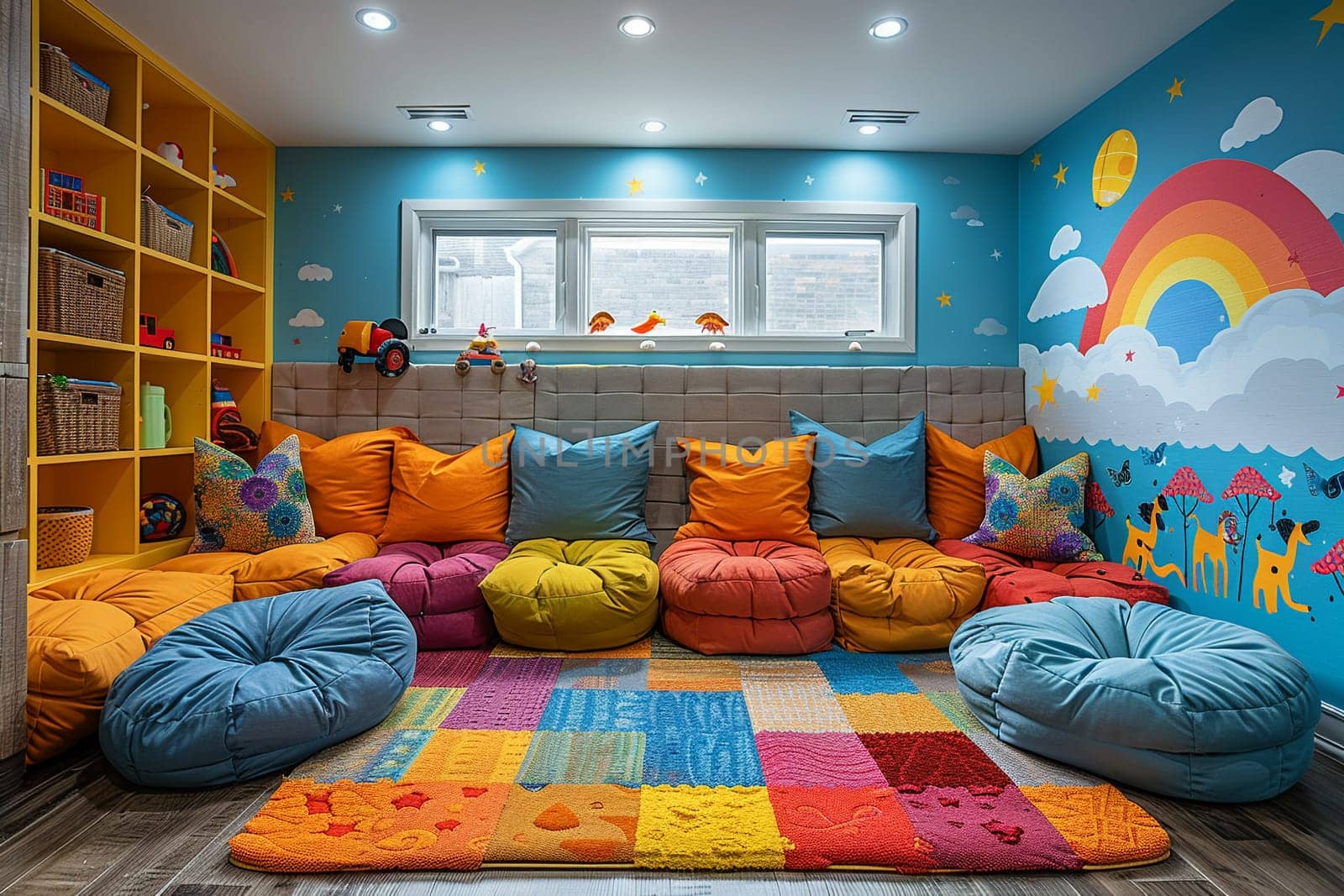 Vibrant playroom with wall murals and creative storage solutions by Benzoix